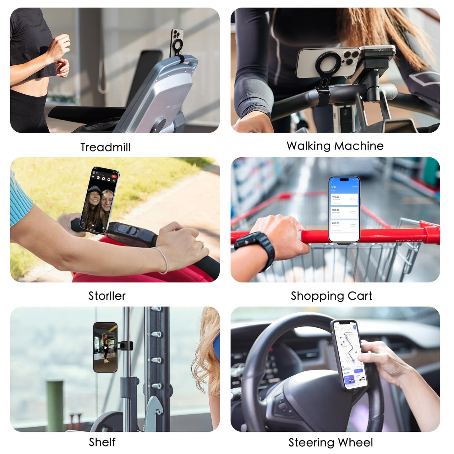 Magnetic Phone Holder for Stroller Bar, Compatible with MagSafe (Strong Magnet) - 180° Adjustable for Gym, Home Fitness Bikes, Shopping Cart, with Adjustable Strap, All Phone (Magnetic Ring Included)