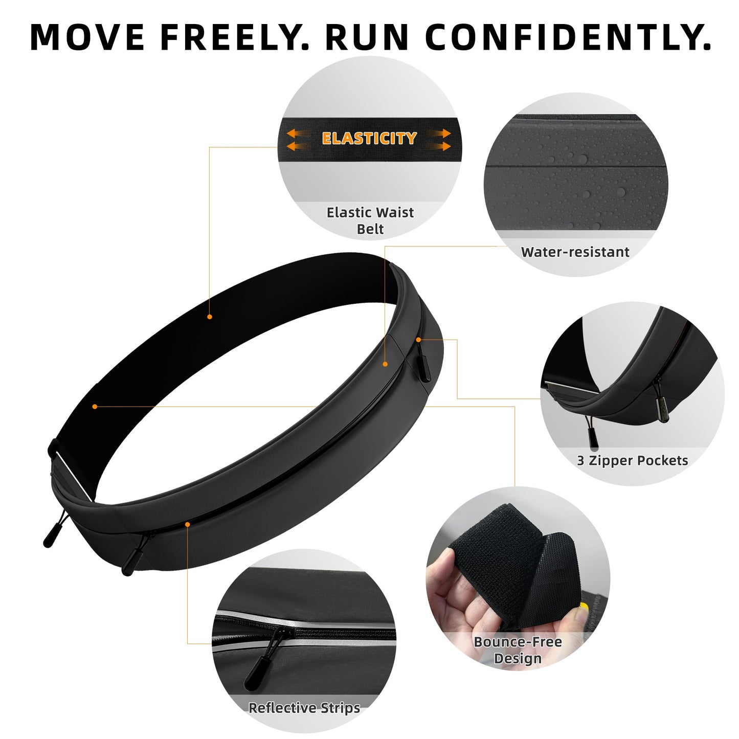 Running Belt for Men Women, Water-resistant Fanny Pack with 3 Zipper Pockets & Reflective Safety Strips, Adjustable Waist Pack Jogging Pouch for Phone, Keys & Essentials (Black, Large)