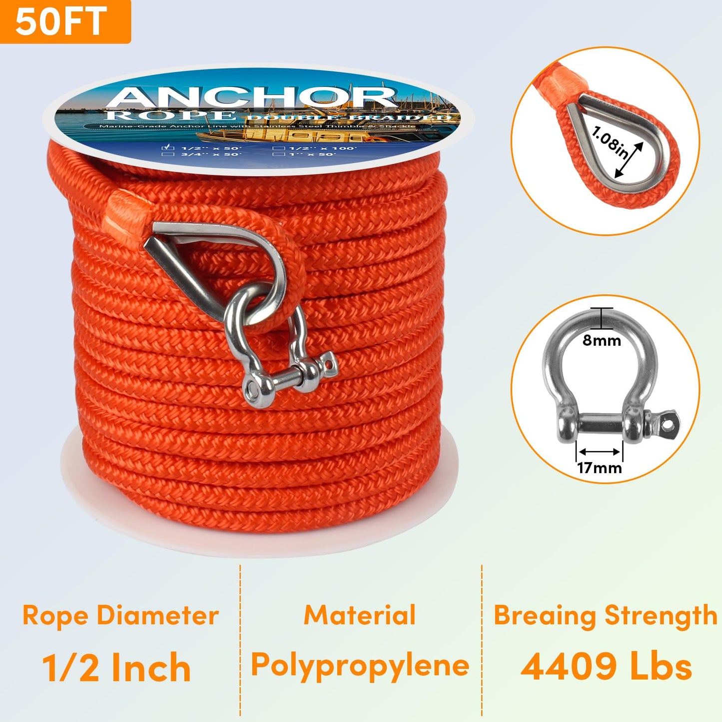 Anchor Rope 50 ft X 1/2 inch, Double Braided Anchor Line, Boat Rope with Stainless Steel Thimble and Shackle for Boating, Anchoring, Mooring, Pulling (Orange)