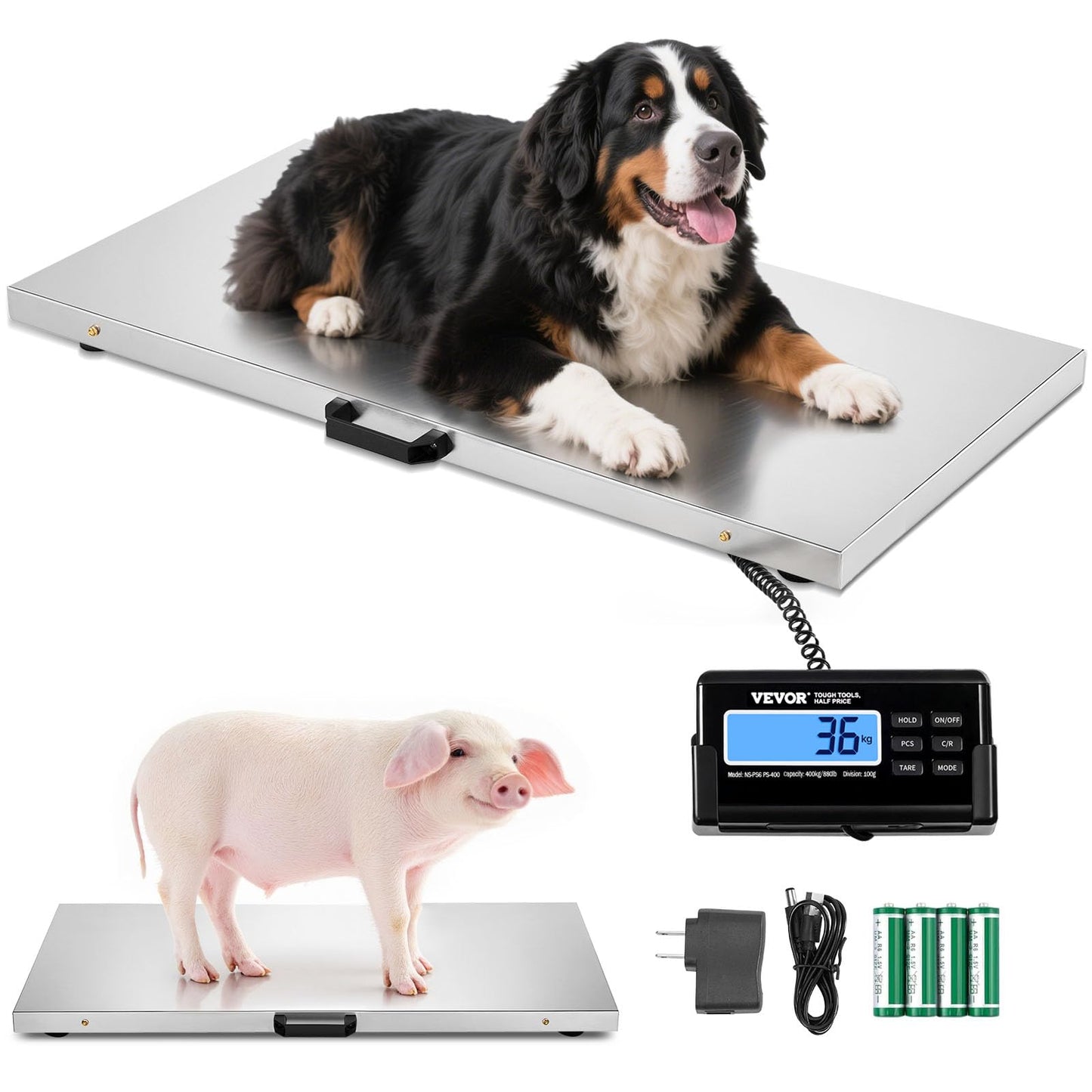 VEVOR 880Lbs x 0.2Lbs Livestock Scale Shipping Scales Large Platform 40.6x20.9Inch Stainless Steel Vet Scale Industrial Floor Scale Large Animal Dog Pig Scale Goat Weight Scale Pet Digital Scale
