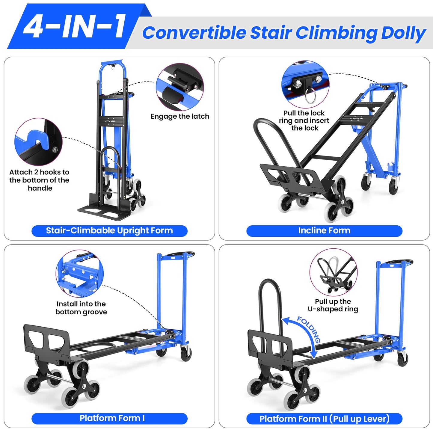 1000LBS Convertible Hand Truck, Heavy Duty Foldable Aluminum Stair Climbing Dolly with Solid Wheels for Moving/Office/Travel (Blue)