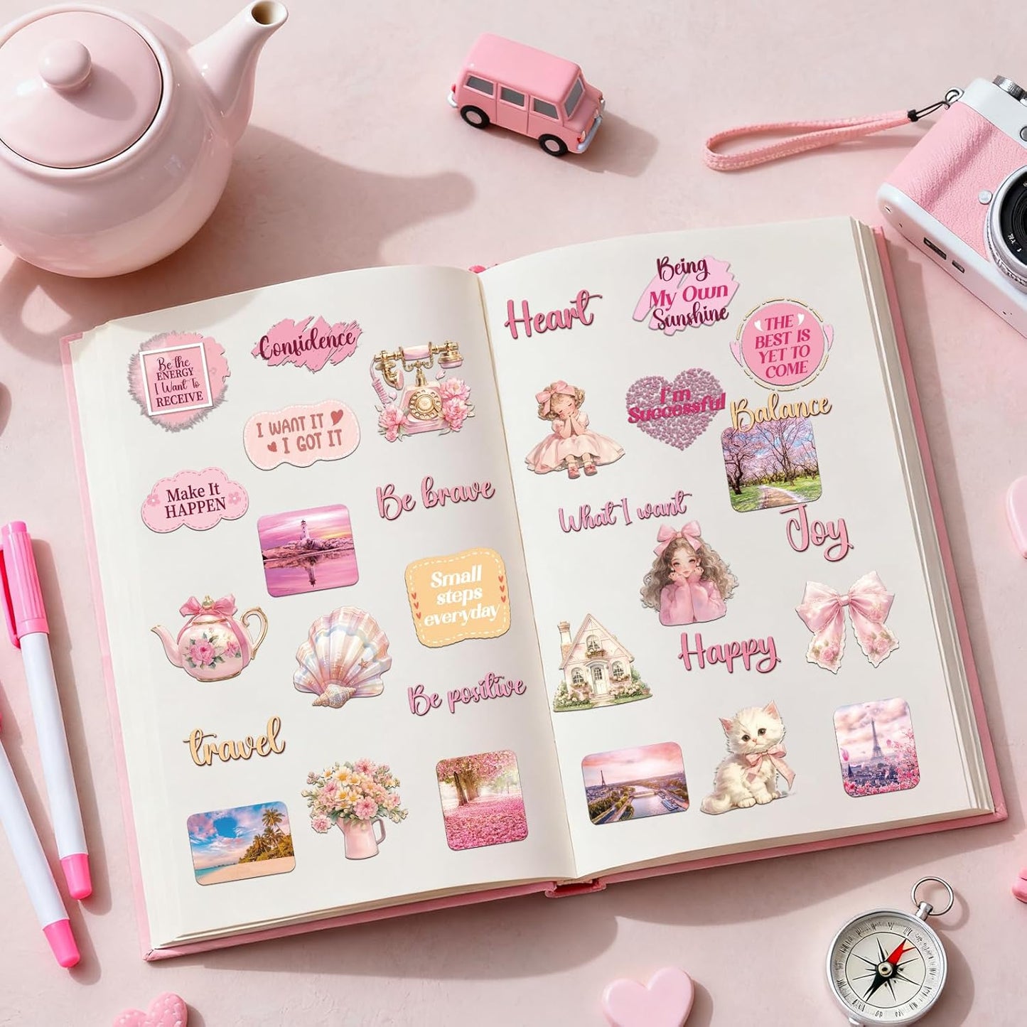 50 Pink Vision Board Stickers - Pcs Cute Aesthetic Travel Planner Scrapbooking Supplies Kit for Adults Women