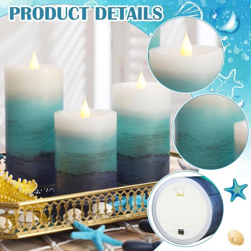 Baquler Flameless LED Ocean Gradient Pillar Candles - 3 Pcs Blue Teal Coastal Decor for Weddings & Parties