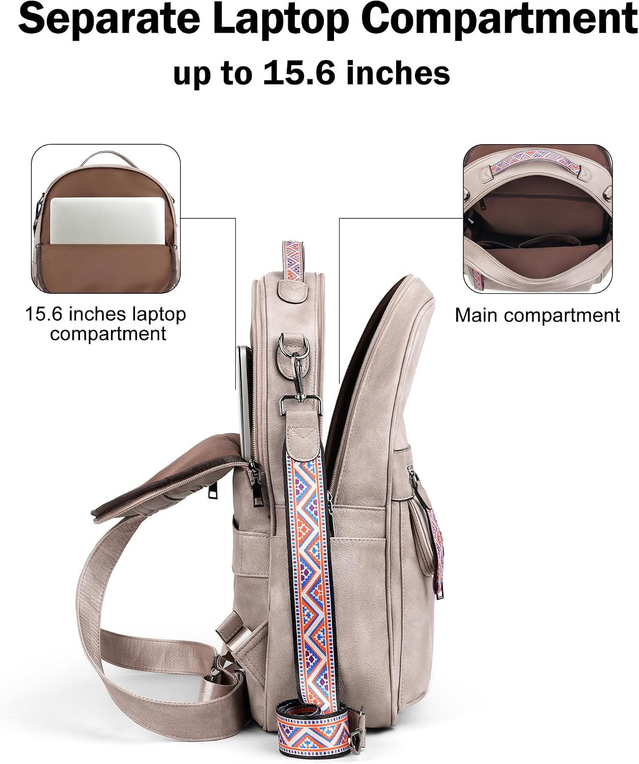 15.6 inch Backpack Backpack FADEON Leather Laptop Purse for Women, Designer Travel PU with Laptop Compartment for Work