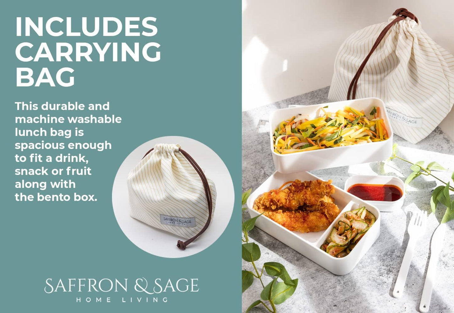 Saffron & Sage Bento Lunch Box - 42oz White Japanese Style Box with Cutlery & Bag | Leak-Proof & Microwave Safe