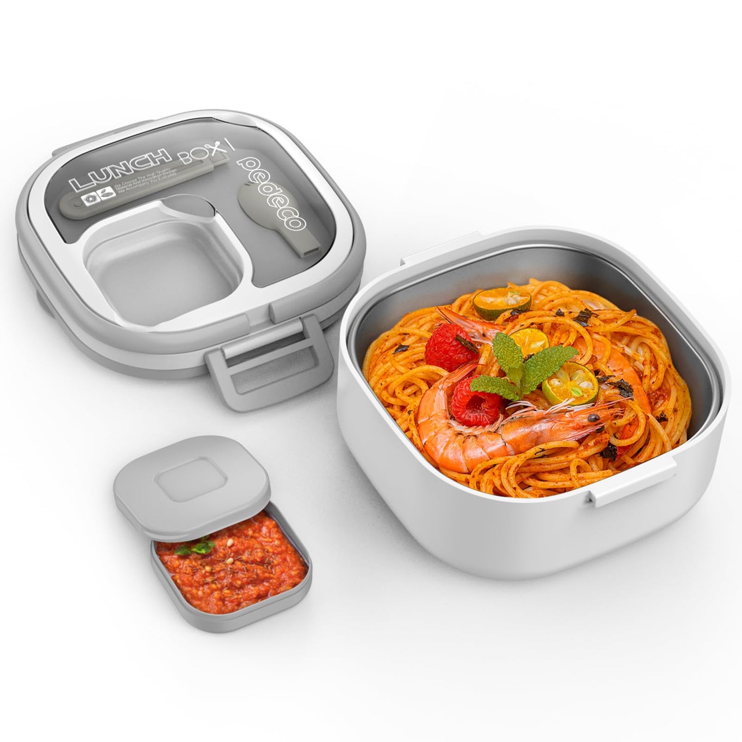 PEDECO Single-Layer Bento Lunch Box for Kids & Adults with Removable Stainless Steel Lunch Container,Dressing Container,BPA-Free,Dishwasher Safe - Includes Utensil(White,Not Insulated)