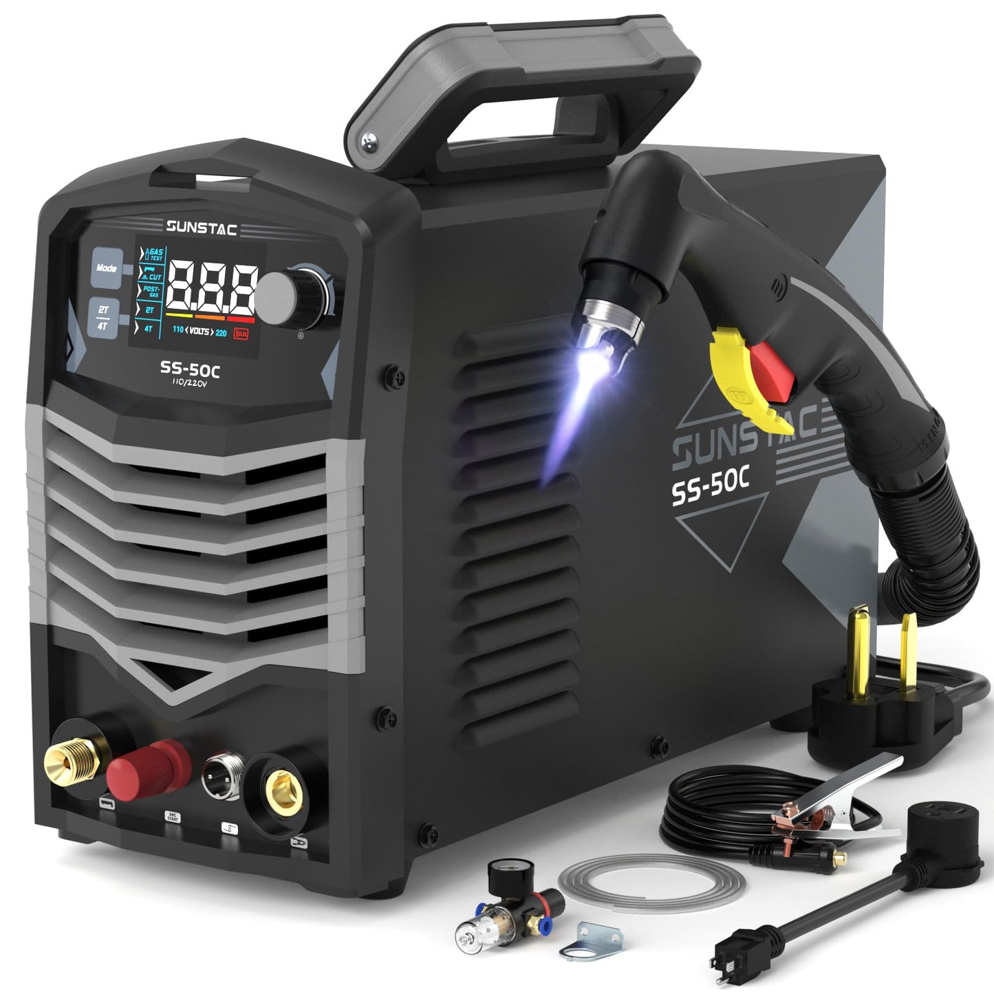 Sunstac Plasma Cutter, Non-Touch Pilot Arc 50Amps Non-High Frequency Plasma Cutting Machine with Large LCD Display 110/220V Dual Voltage IGBT Inverter 4/5 Inch Max Cut 2T/4T, for Beginners DIY