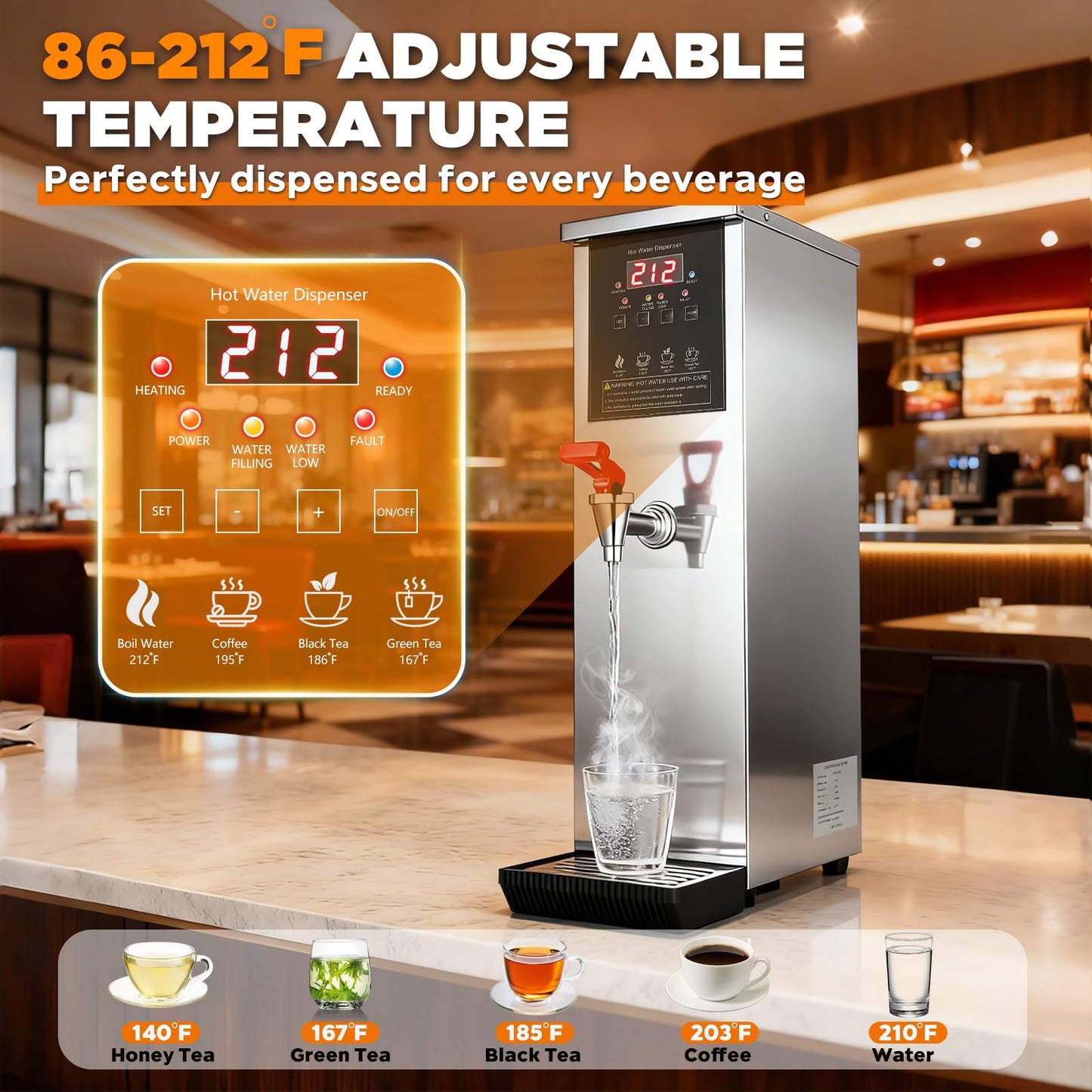 Commercial Hot Water Dispenser Water Boiler Countertop Auto-filling Stainless Steel Hot Water Machine Step-heating 104-212°F Adjustable for Cafe Tea Shop Office Restaurant Hotel 1500W 20L