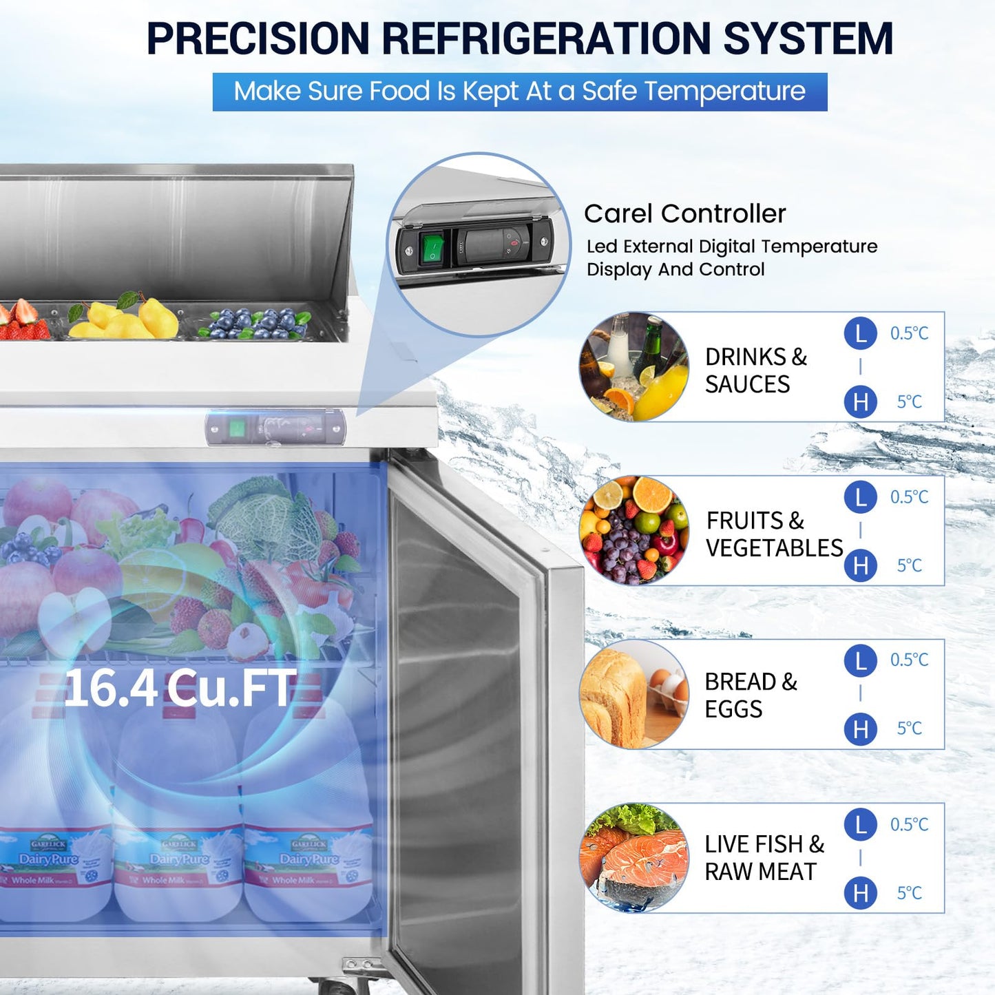 kalifon 60" W 2 Door Refrigerator Sandwich Salad Prep Table Commercial Stainless Steel Fan Cooling Refrigerator with Cutting Board, 2 Shelves & 16 Pans for Restaurant, Bar, Shop-16.4 Cu.ft