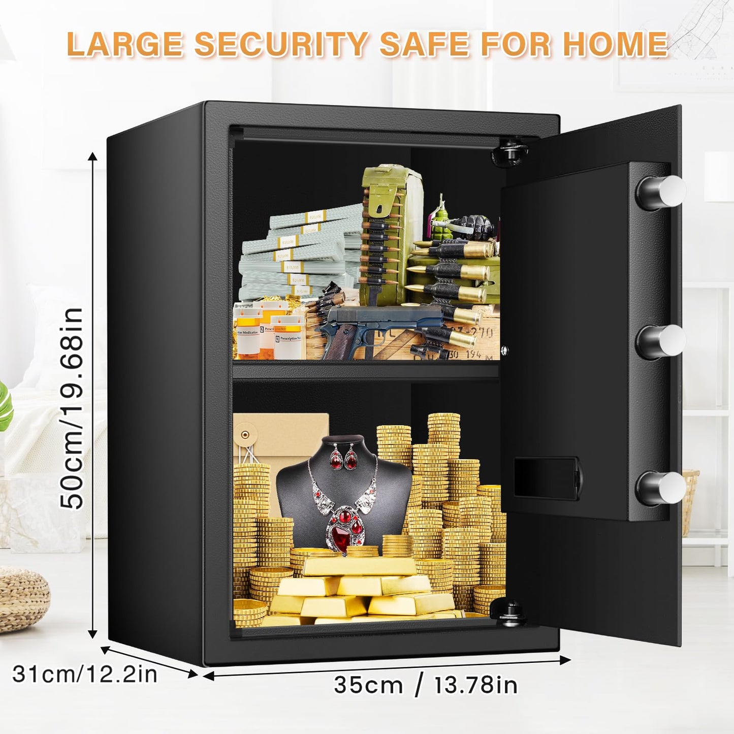 [19.7" Tall] Large Home Safe Box, Anti-theft Safes with Dual Alarm System, Digital Keypad and Spare Keys, Wall/Floor Mountable, Fire Proof Safe for Home Money Firearm Documents Medicines