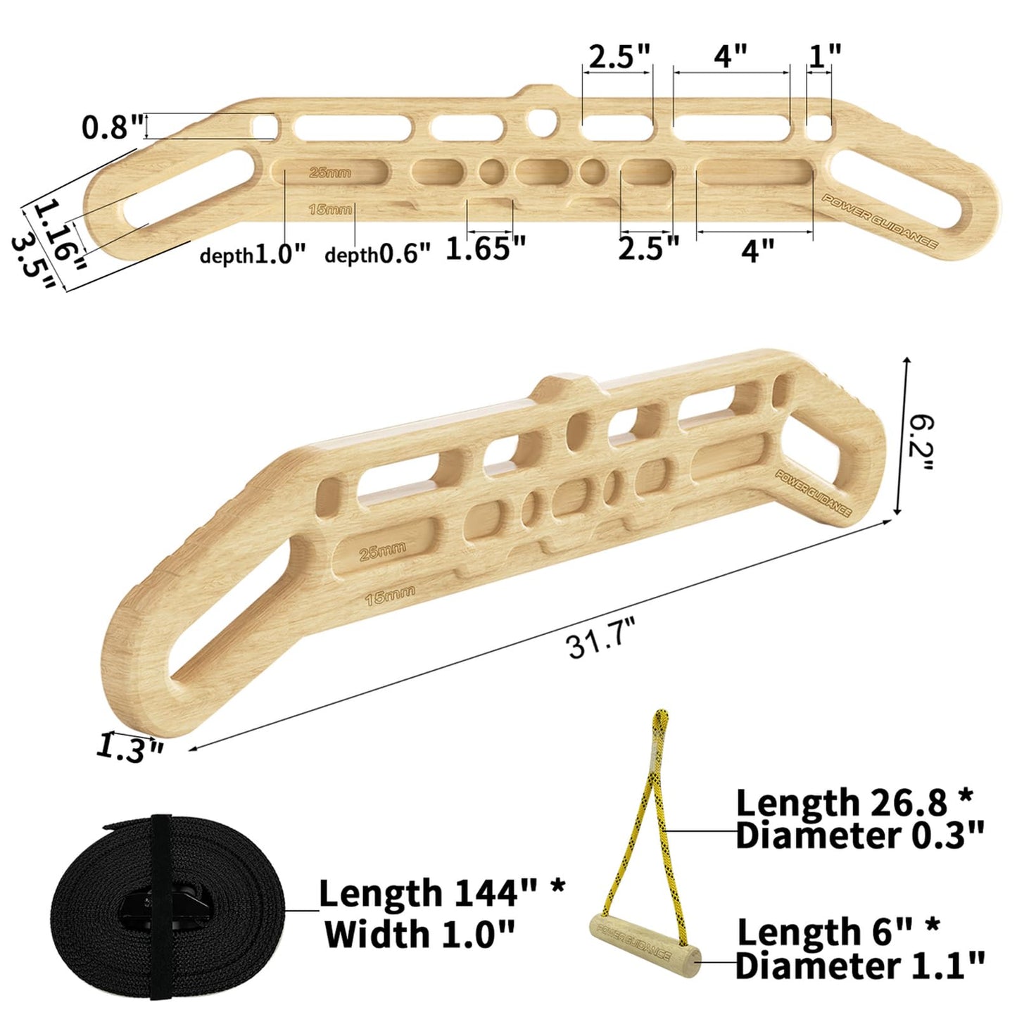 POWER GUIDANCE Wooden Hangboard Portable Rock Climbing Hangboard with Suspension Training Function, Enhance Finger Grip Strength, Indoor and Outdoor Use
