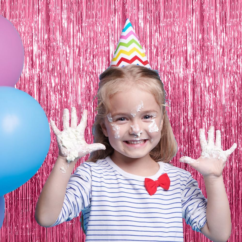 Pink Metallic Tinsel Foil Curtains by [Brand Name] - 2 Pack Photo Booth Backdrop for Parties & Events
