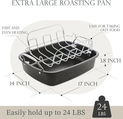 KITESSENSU Nonstick Turkey Roasting Pan - Heavy Duty 17 x 14 Inch Chicken Roaster with Rack - Ideal for 24lb Turkey, Gray