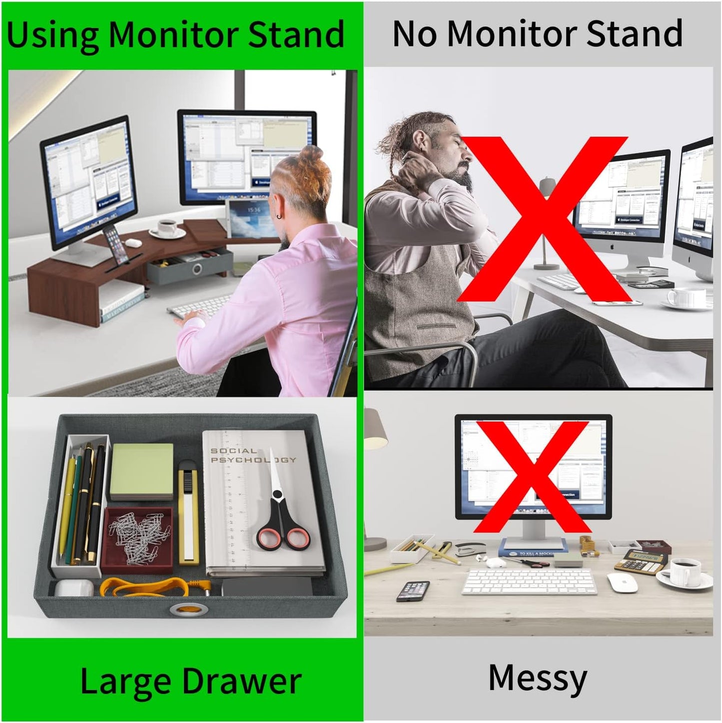 2 WESTREE Dual Monitor Stand Riser with Drawer - Adjustable Length and Angle, Phone Hold, Desktop Organizer