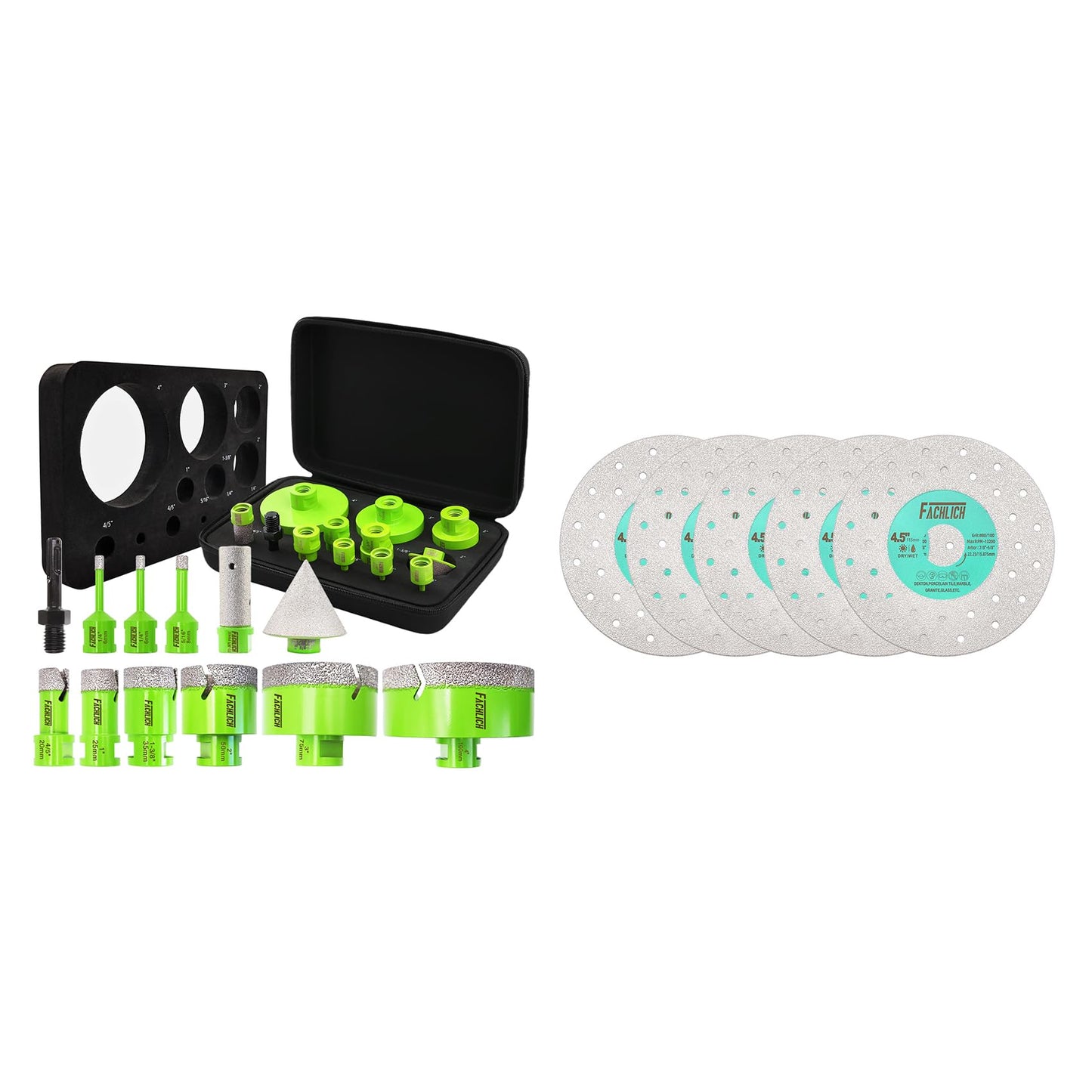 Tile Hole Saw Kit - 12pcs Diamond Core Drill Bits Set 1/4" 5/16" 4/5" 1" 1-3/8" 2" 3" 4" with 4/5" Finger Bit 2" Beveling Chamfer Bit for Porcelain Ceramic Granite Marble