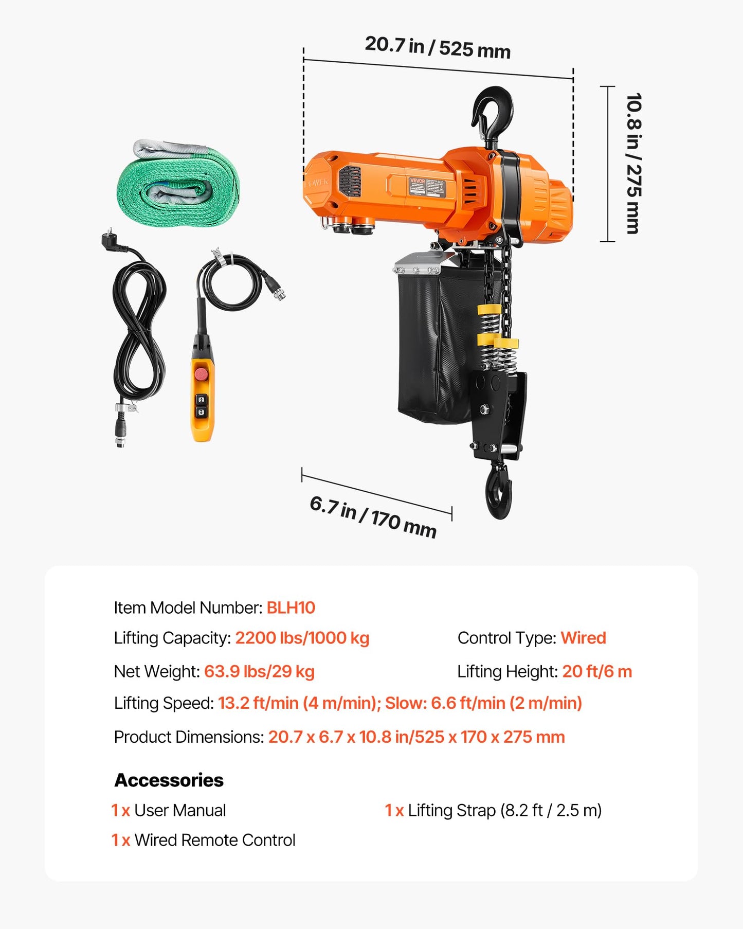VEVOR 2-Speed Electric Chain Hoist 2200 lbs, 20ft Lifting Height, 120V 60Hz Single Phase Overhead Crane with 15 ft Wired Remote Control, G100 Chain Electric Lift Hoist for Factory, Warehouse, Garage