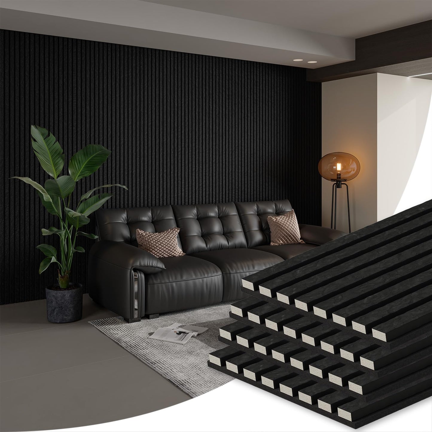 SMARTSTANDARD Acoustic Wall Panels, 4 Piece 106" x 12.6" Soundproof Slat Wall Paneling for Interior Wall Decor, 3D Fluted Acoustic Wall Panel, Black