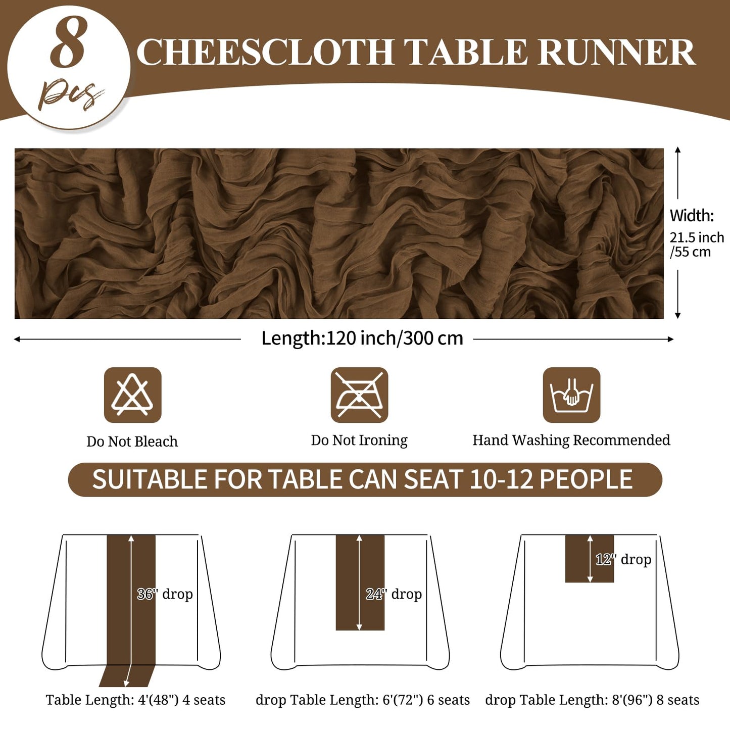 8 Pack 10Ft Cheesecloth Table Runner Brown, 20 x 120 Inch Rustic Gauze Boho Cheese Cloth Wedding Long Table Runner for Wedding Party Bridal Shower Decoration