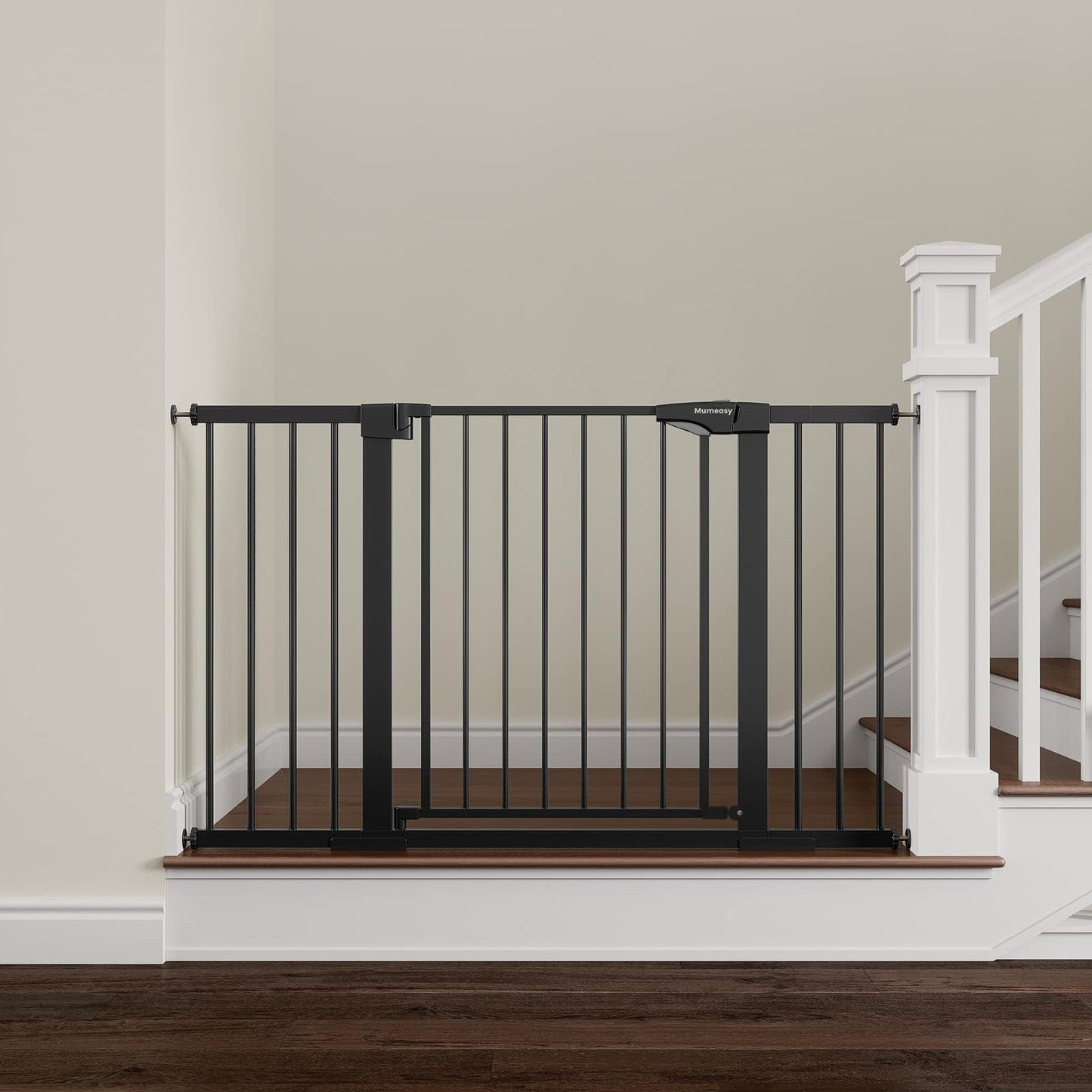 Mumeasy Baby Gate Extra Wide, 29.7-51'' Pressure Mounted Dog Gate with Walk Thru Door, Auto Close Pet Gate for House, Stairs, Doorways,Black
