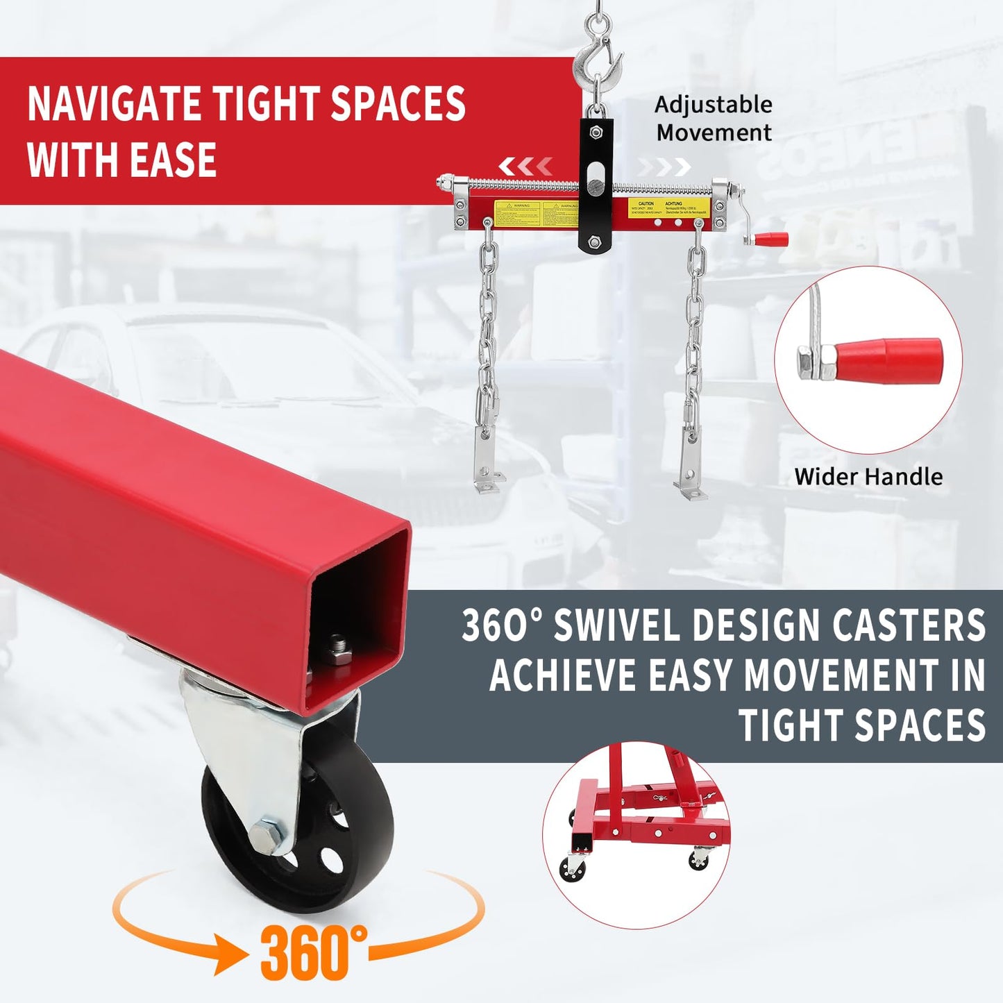 2 Ton Folding Hydraulic Engine Hoist with Load Leveler 4400 LBS Capacity Heavy Duty Cherry Picker 6 Swivel Wheels&Hydraulic Pump Adjustable Boom (0.5T-2T) for Garage Workshop Warehouse Orange