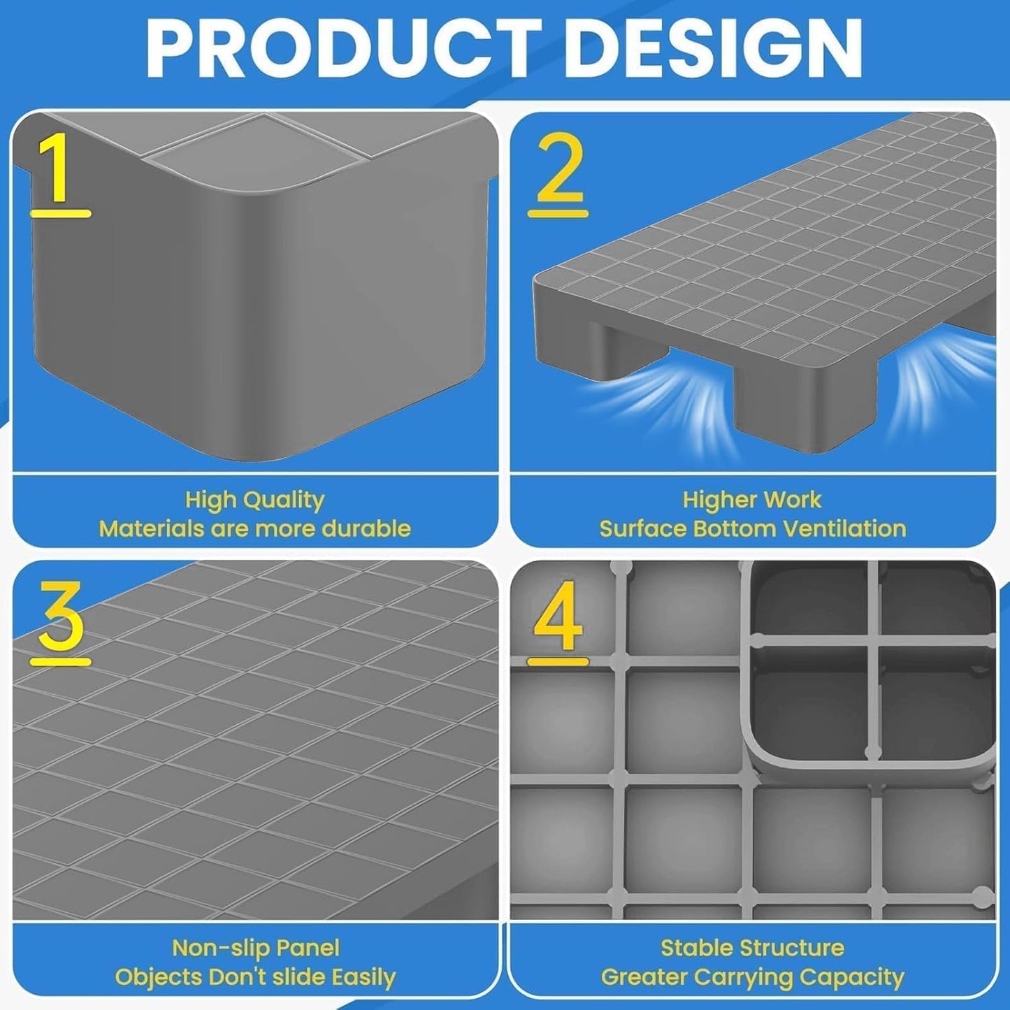 2 Pcs Plastic Storage Pallets, 40"L x 20"W x 5.5"H Stackable Lightweight Floor Pallets, 2000Lbs Capacity Plastic Pallets for Basement Storage, Logistics and Warehousing, Gray