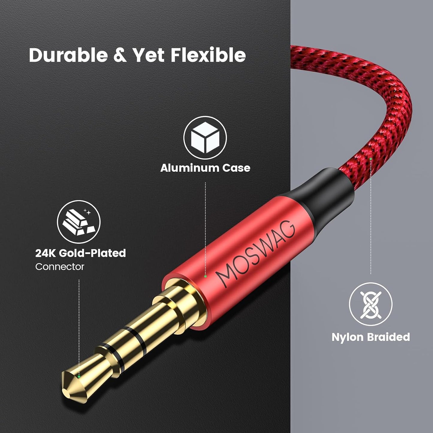 3.5mm 26.24FT/8M MOSWAG Extension Cable Audio Male to Female Stereo Extension Adapter Nylon Braided Cord Compatible