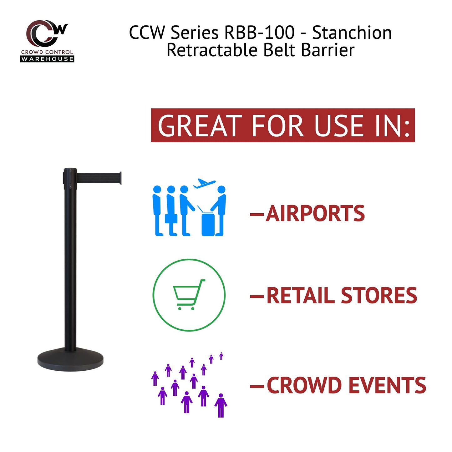 CCW Series RBB-100 - Set of 2 Stanchion Retractable Belt Barriers (11 Foot Belt, Black Belt with Satin Stainless Steel Post)