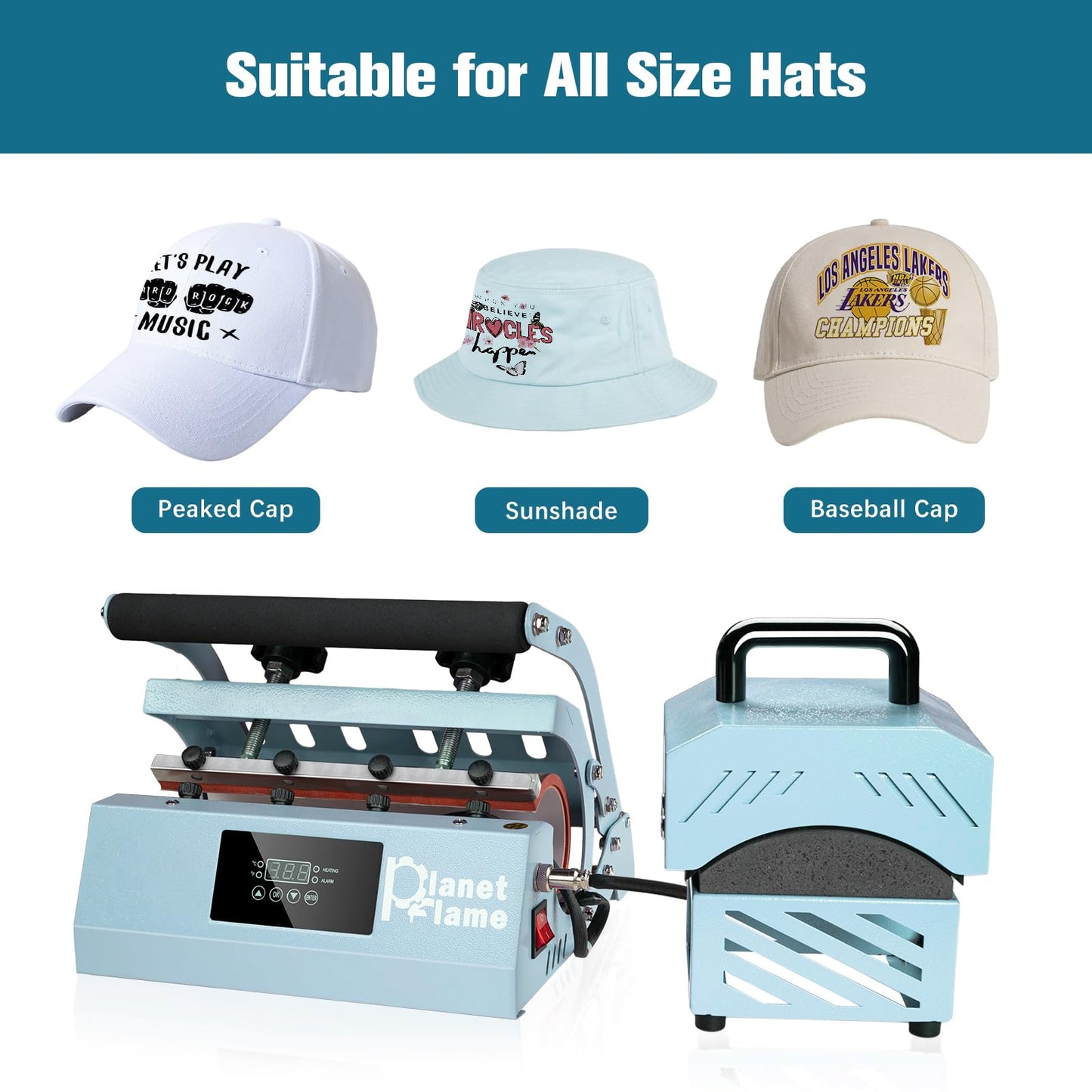 PlanetFlame Tumbler and Hat Heat Press Machine, 2-in-1 Combo Machine for Cup and Cap with Gloves and High Temp Heat Resistant Tape for 11oz-30oz Sublimation Tumbler and All Caps, Blue