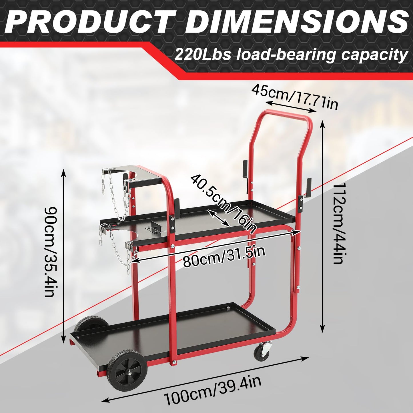 BBTO Welding Cart 2-Tier Welder Cart Heavy Duty 440 Lbs with Tank Safety Chains Welding Equipment Accessories for Tig Arc MMA Plasma Cutter Machine (Classic Style, 39 × 18 × 43 Inch, Black and Red)