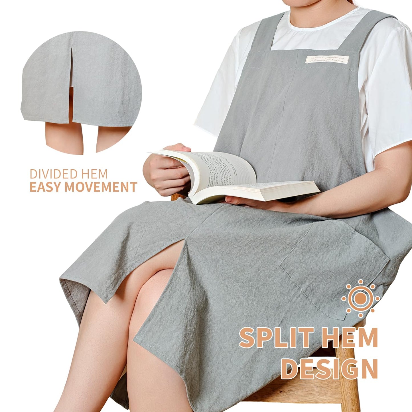 fibrosafe Cotton Apron for Women with Pockets, Cross Back Gardening Apron for Cooking, Baking and Cleaning with Split Hem