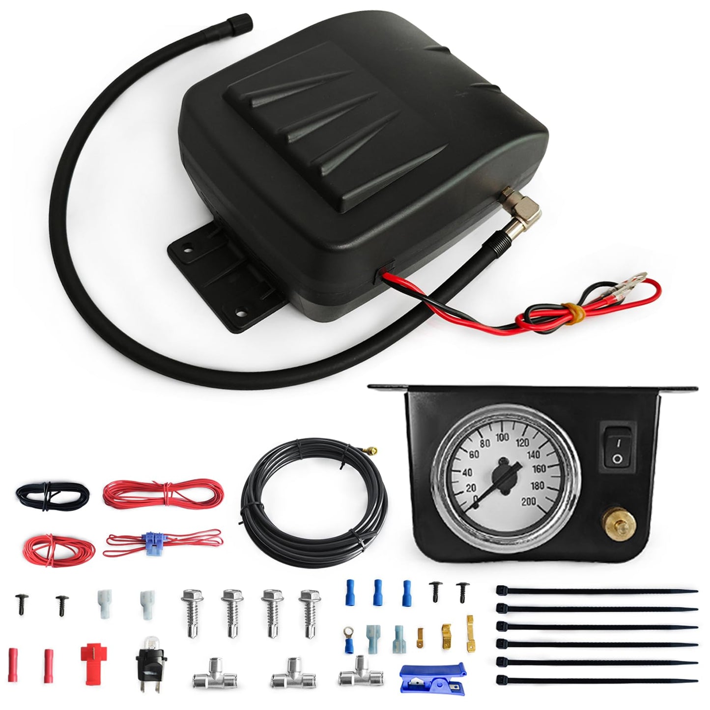 KEIYSHOLCK 25804 On Board Air Compressor System Air Shock Controller Air Compressor and Air Pressure Gauge Air Line T Fittings for Ram/Chevy/Ford/Silverado/GMC Trucks Vans