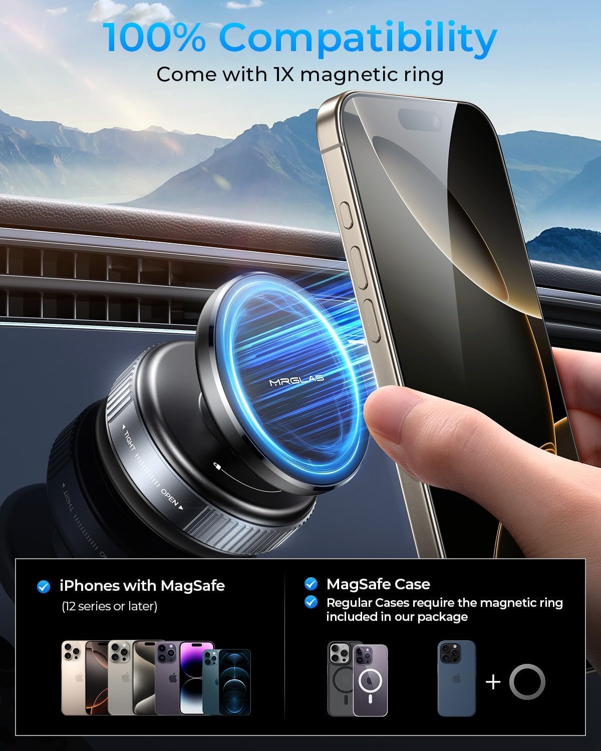 MRGLAS Upgraded 360° Adjustable Vacuum Magnetic Phone Holder Stand[Strongest Suction & Ultra Magnetic] Car Phone Mount for MagSafe Suction Cup, Compatible with Car/Gym/Mirror/Smooth Surface