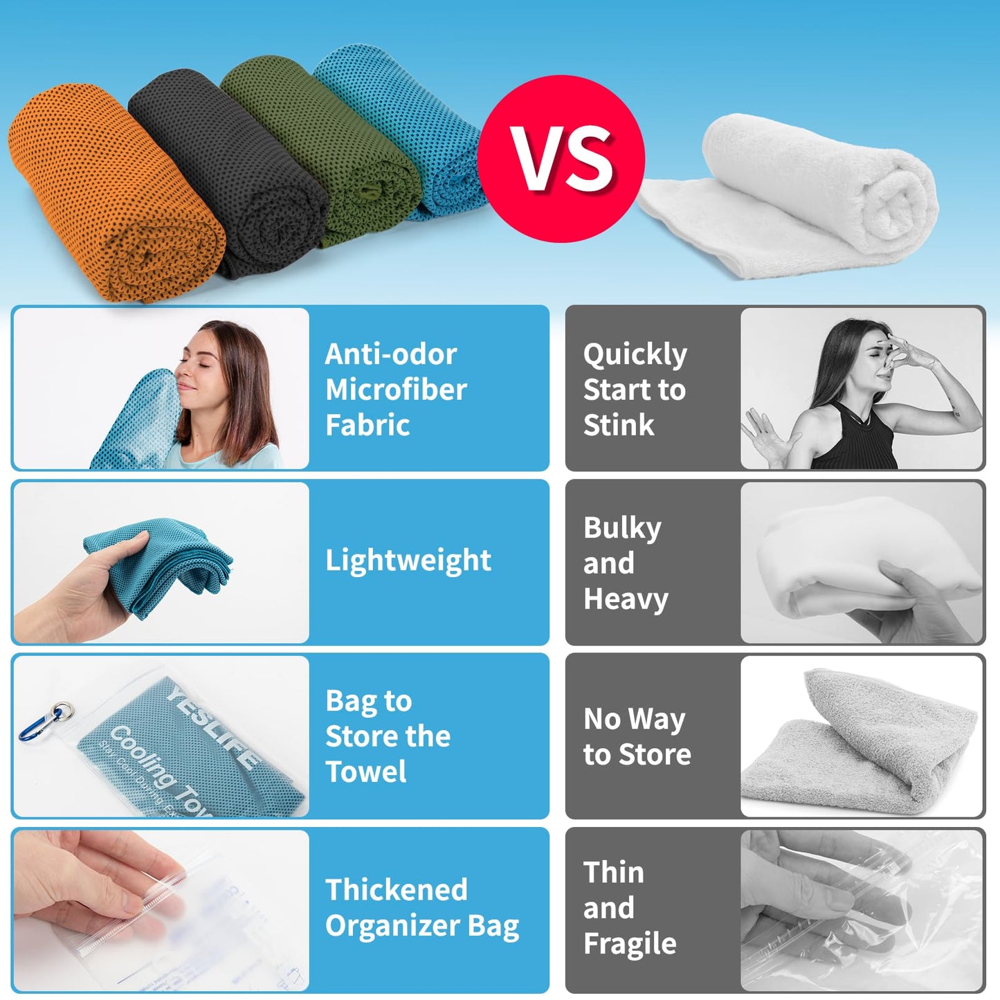 YESLIFE 4 Pack Cooling Towels 40"x12", Gym Towels for Men and Women, Soft Breathable Workout Towels for Yoga, Running, Sport, Workout, Camping, Fitness & More (Black, Army Green, Orange, Blue)