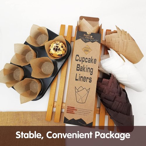 Bake Choice Tulip Cupcake Liners - 200 Pcs Natural Unbleached Baking Cups | Brown & White Standard Size