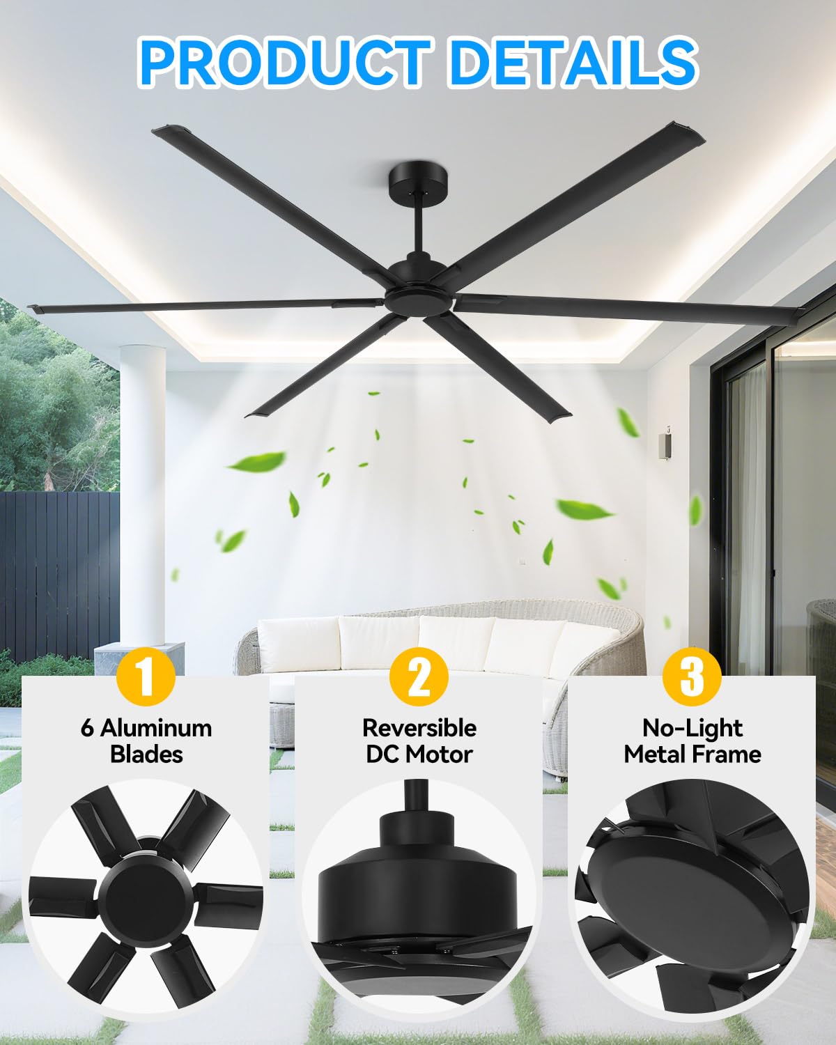 [Heavy Duty] 120 Inch Industrial Ceiling Fan, Big Assed Fan, HVLS Extra Large Commercial Ceiling Fan with Aluminum Blades, Remote Control, Powerful Reversible DC Motor for Warehouse, Shop, Garage