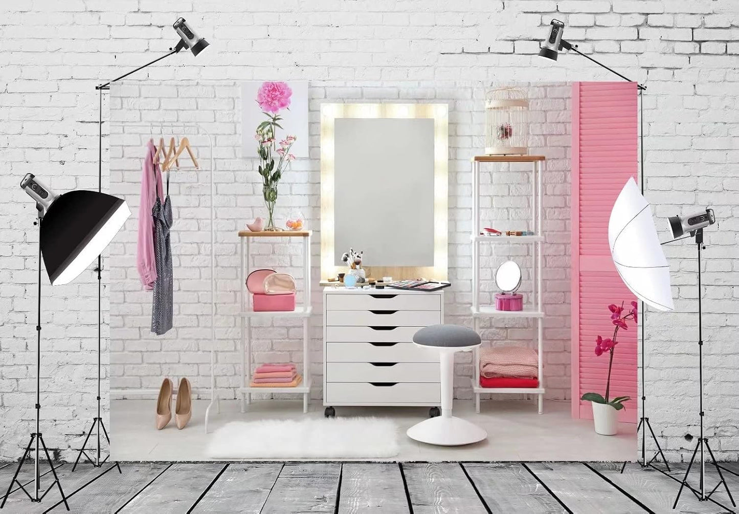 BELECO 7x5ft Fabric Pink Makeup Room Backdrop Makeup Backdrop for Photography Dressing Room Beauty Salon Dressing Table