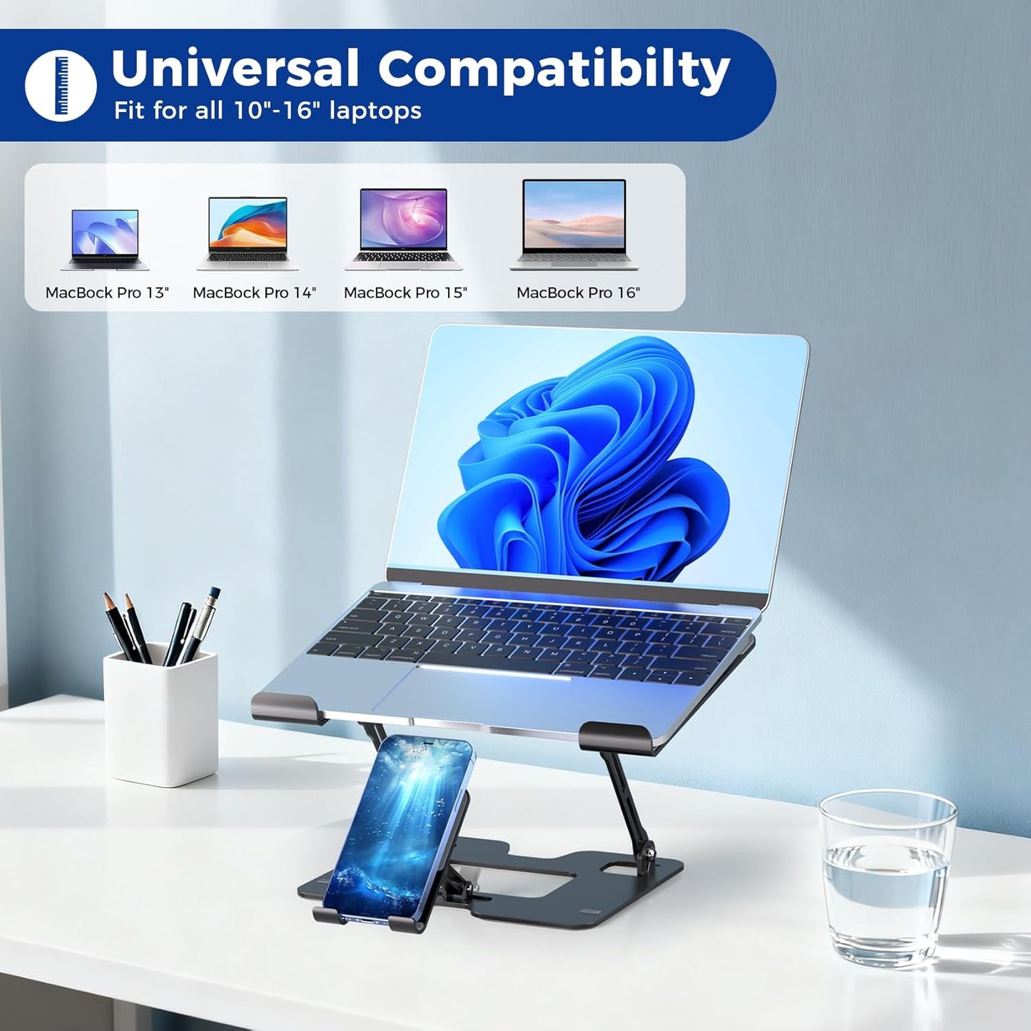 Lajou 2-in-1 Ergonomic Laptop Phone Stand for Desk, Adjustable Riser, Sturdy and Portable, Fits All Laptops and Phone