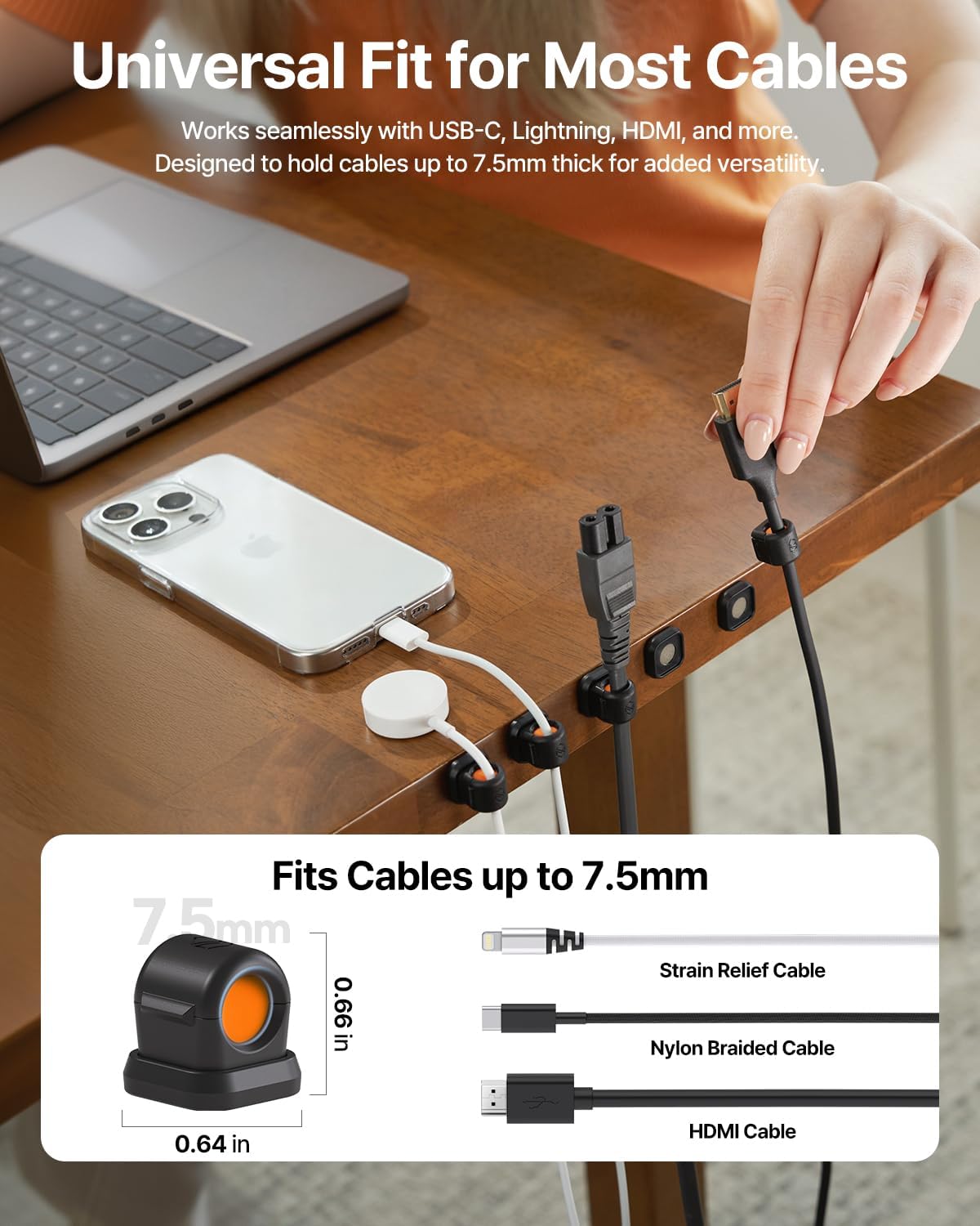 Sinjimoru 6 Pack 7.5mm Magnetic Cable Clips, Compact Size Cord Organizer & Cable Management for Desk, Nightstand & Car