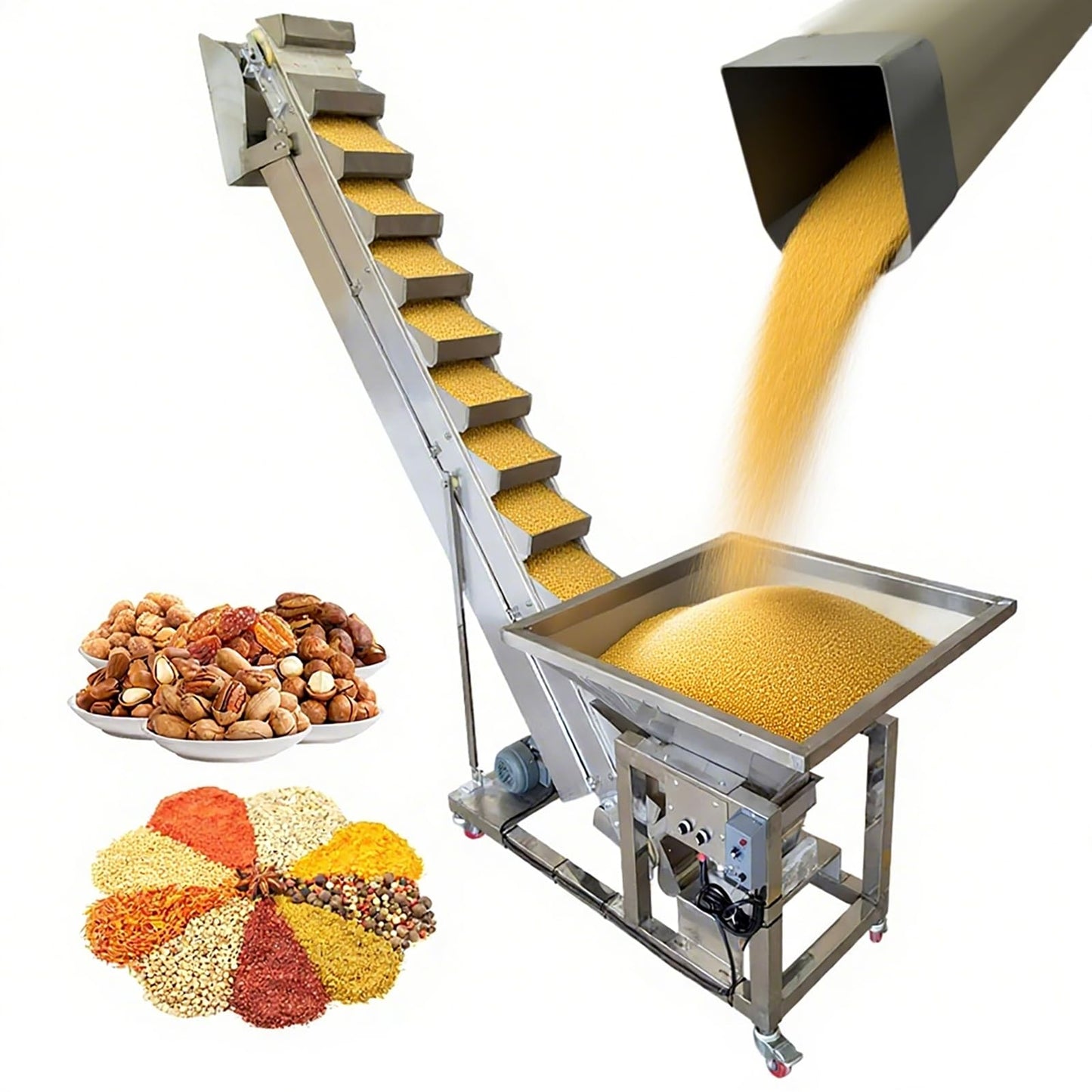 EQCOTWEA Electric Bucket Elevator Conveyor with Tilting Flip-Up Hopper Feeder 40gal Loading & Transfer Machine Stainless Steel Industrial Feeding System 220V/1PH