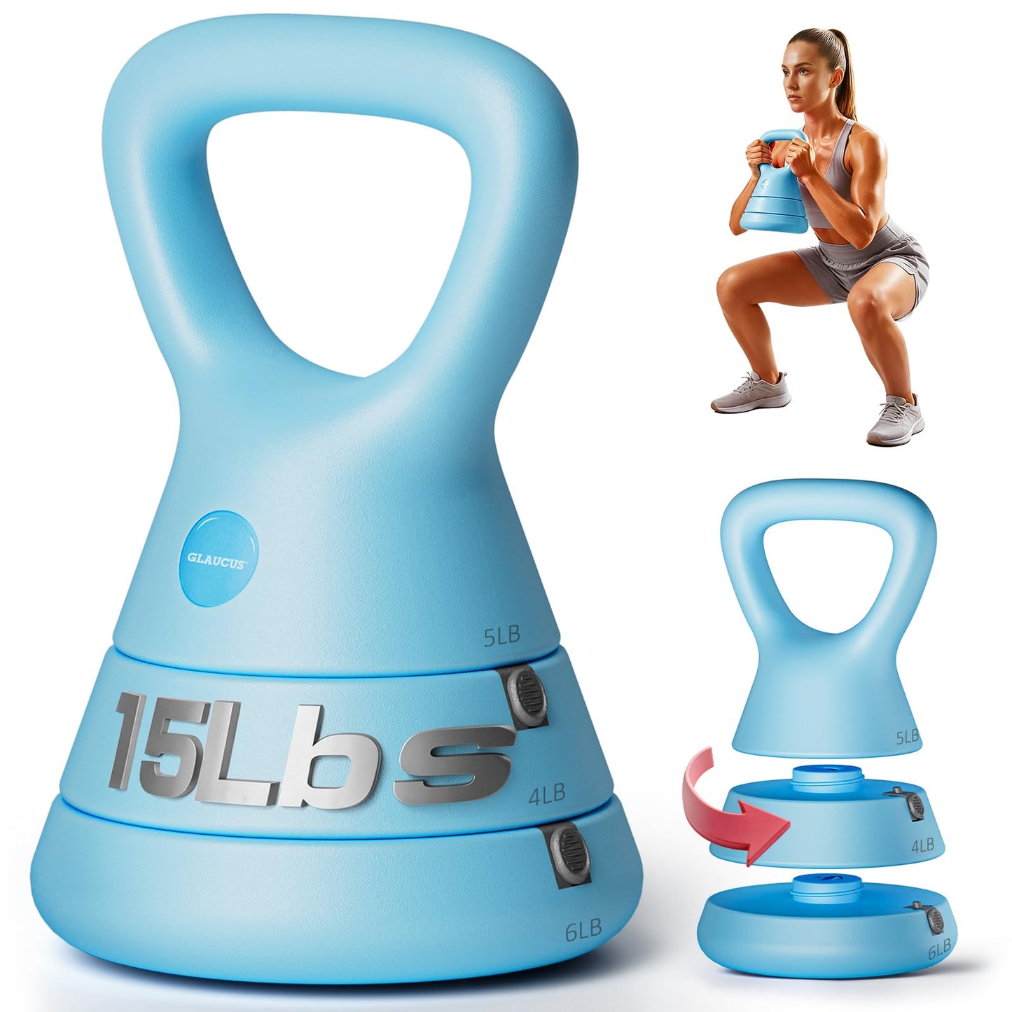 Adjustable Kettlebell, 5lb 9lb 15lb Kettlebell Weights Set, Ergonomic Design & Wide-Handle for Home Gym, Full-Body Workouts Strength Training and Weight Loss, Good for Men Women & Beginners (Blue)