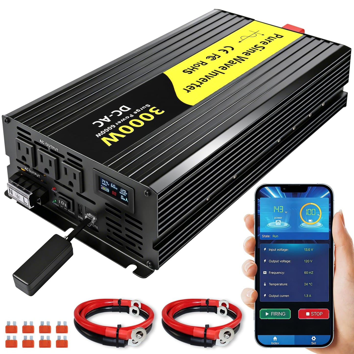 VOONKE 3000W Pure Sine Wave Inverter 12V DC to 120V AC,for Solar,for RV, Truck, Home, Camping,Power Inverter with Bluetooth APP Remote Control,LCD Display, 3 AC Outlets,USB Ports, Surge Power 6000W