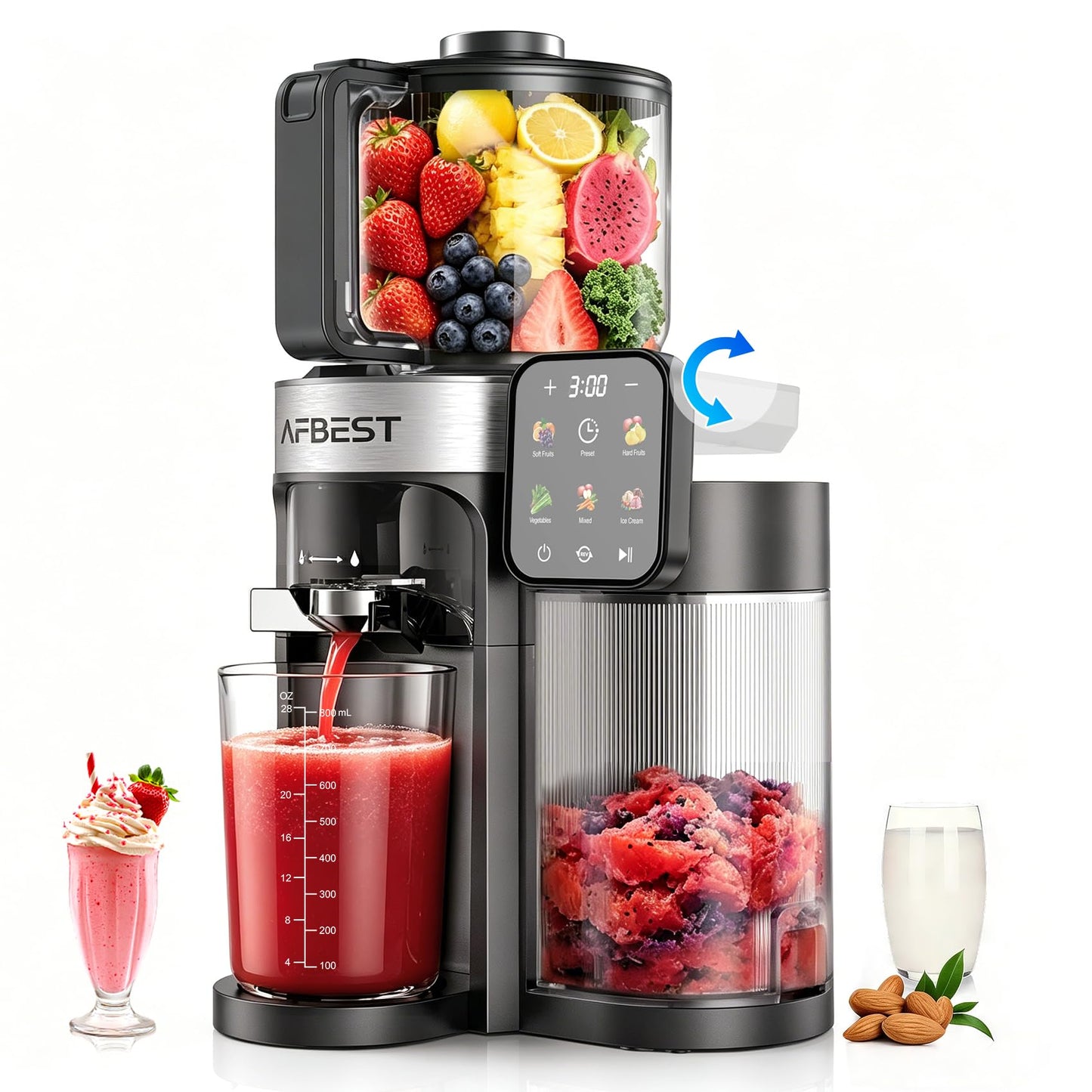 AFBEST 2026 Upgraded Cold Press Juicer Machine, 6.5" Extra Wide Chute Masticating Juicer with 100oz Self-Feeding Hopper,3-in-1 Smart Touch Slow Juicer for Sorbet & Nut Milk, High Yield, Easy Clean