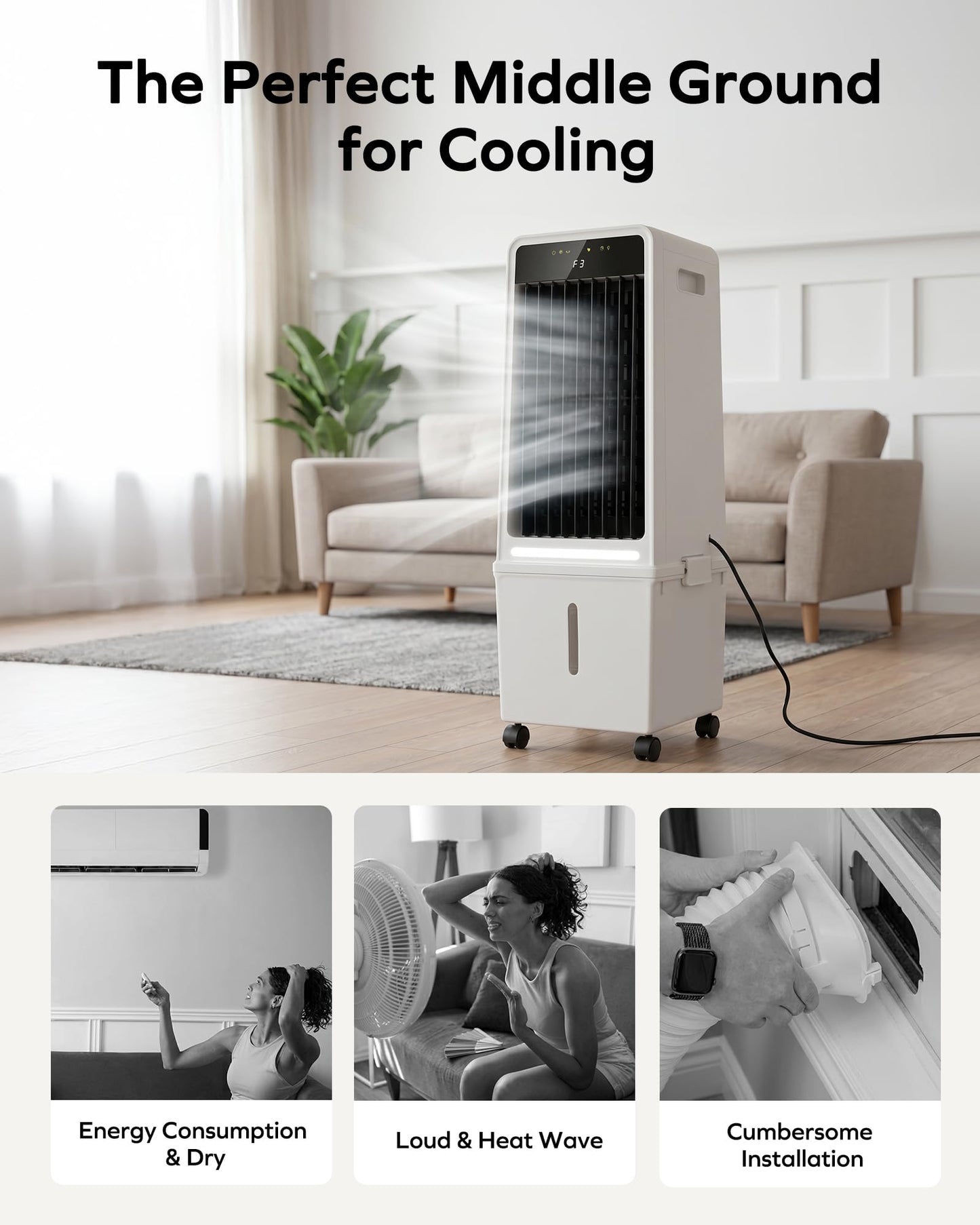 Air Choice Swamp Cooler, 30" Windowless Portable Air Conditioners with 3.7Gal Water Tank, 2 Ice Packs, Oscillation, 3 Speeds/Modes, 12H Timer, Night Light, Portable Swamp Cooler for Bedroom Office