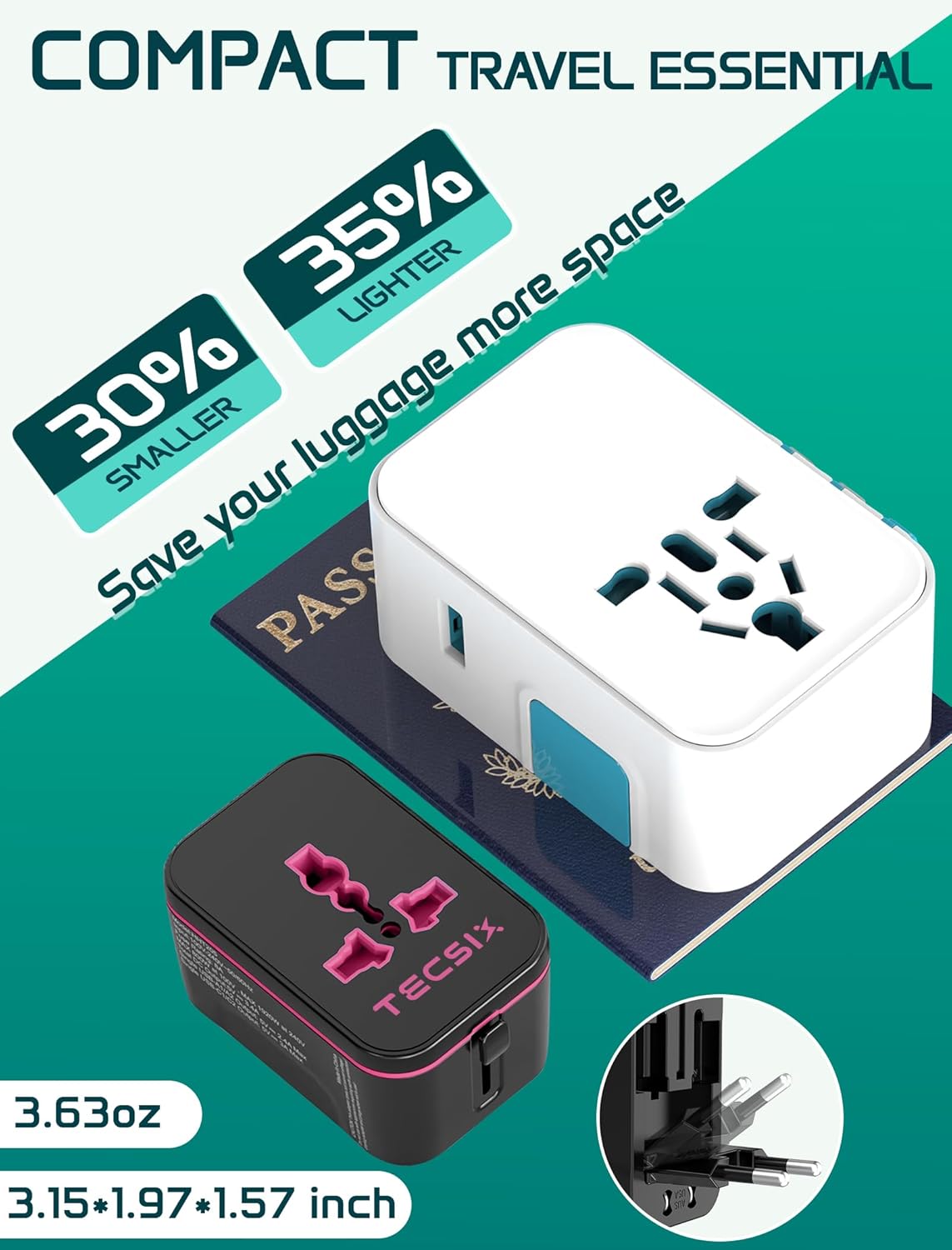 TECSIX 2 2 200+ Countries Universal Travel Adapter Worldwide, European Travel Plug Adapter with USB C, USB A and Multi