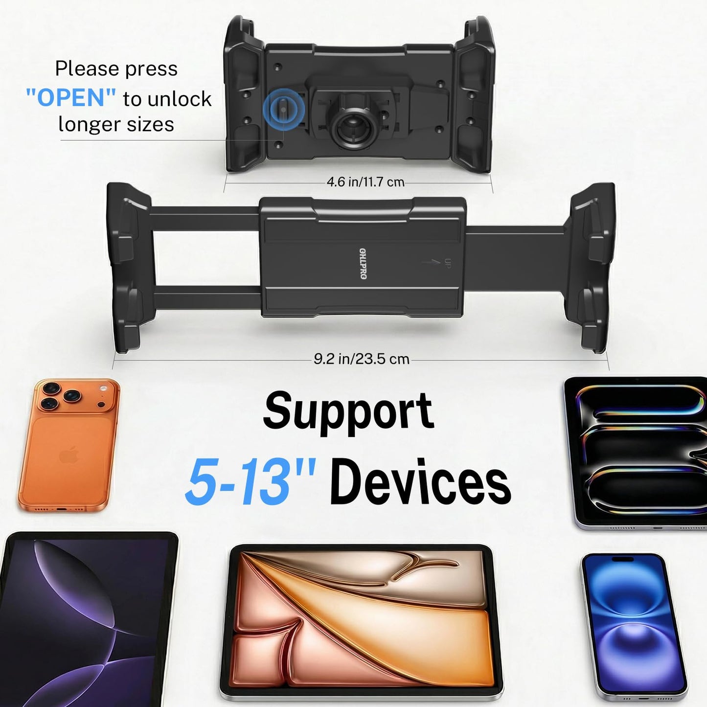 OHLPRO Tablet Wall Mount Holder for iPad, Aluminum Foldable Arm with 360° Rotating Base, Adjustable Clamp for 5-13" Tablets & Phones, Metal Screw Mount for Kitchen, Office, Gym - 9.6" Aluminum Arm