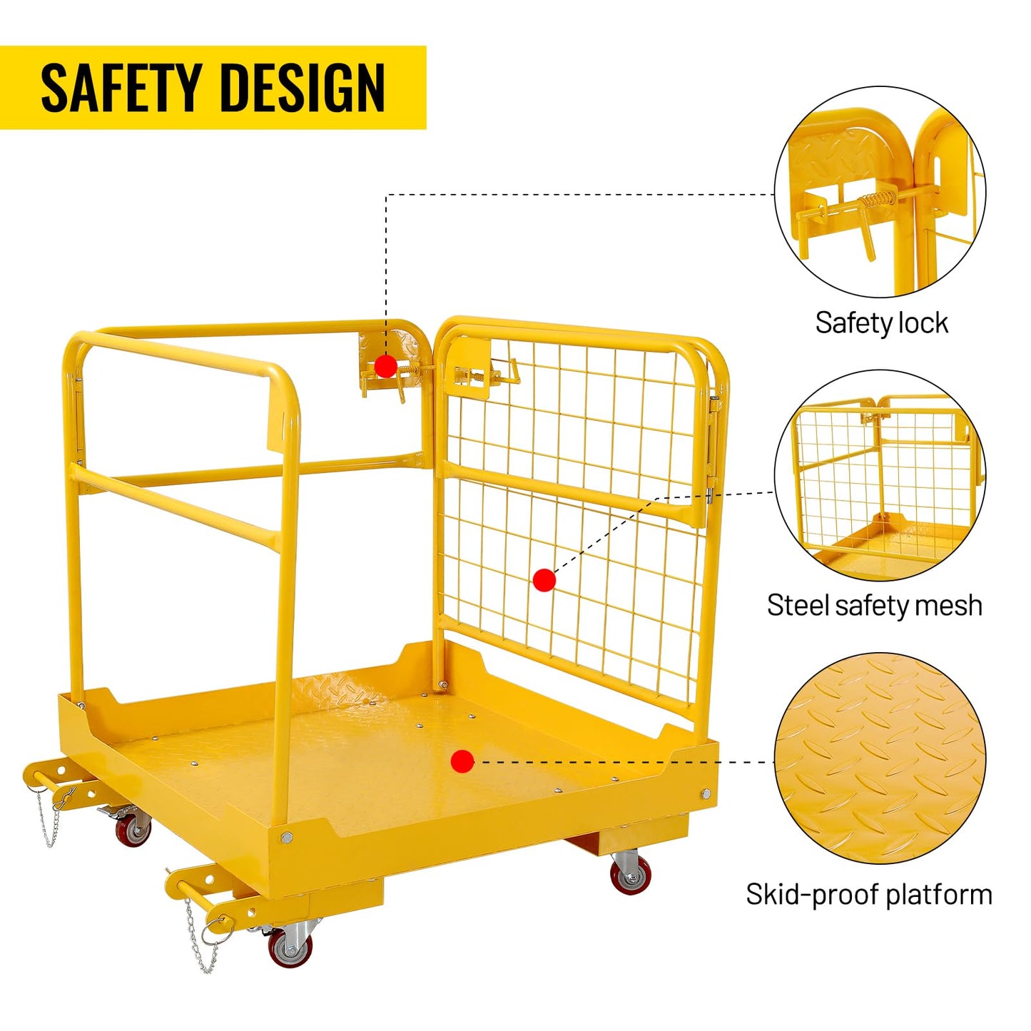 Migoda Forklift Safety Cage 36 x 36 inches, 1200 lbs Capacity Man Basket, Folding Work Platform with 4 Wheels, Collapsible Cage Lift Basket for Aerial Jobs