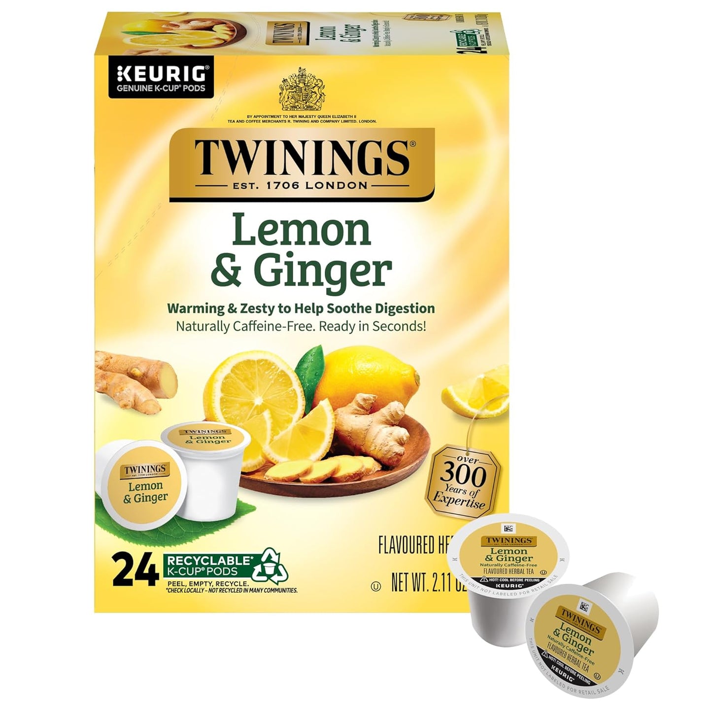 Twinings Lemon & Ginger Herbal Tea K-Cup Pods - Tangy & Spicy, Caffeine-Free, 24 Count