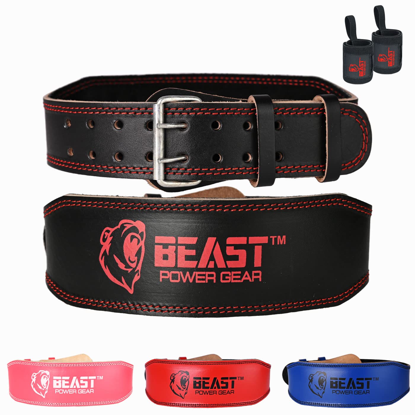 Weight Lifting Belt - 4” Genuine Leather Belts Padded Lower Back Support for Gym Bodybuilding Squat Deadlift Weightlifting Cross Strength Training Men Women Free Wrist Wrap