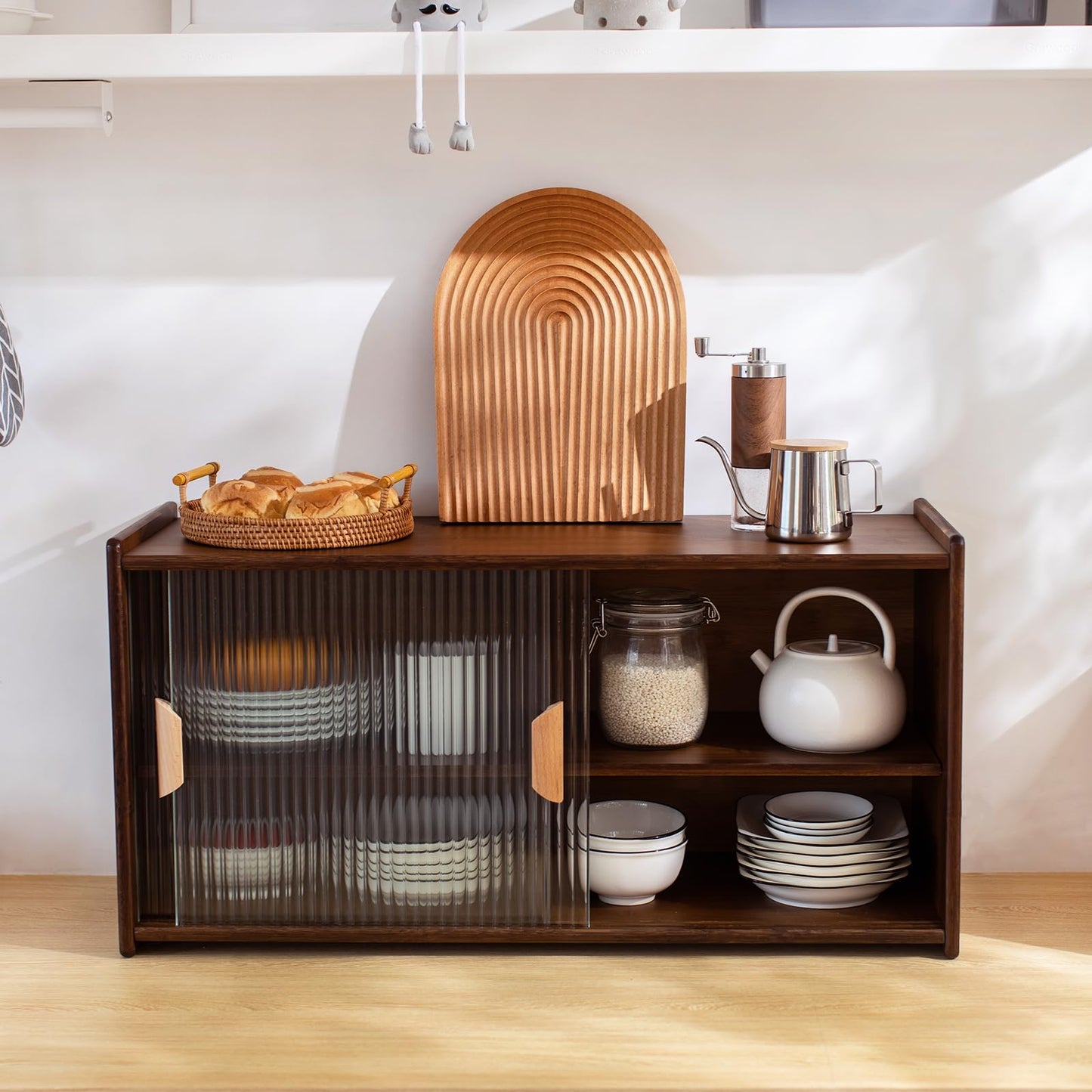 Tiita Small Kitchen Pantry Cabinet, Bamboo Wall Sideboard with Glass Doors, Cupboard Food Pantry Cabinet for Kitchen, Living Room and Dinning Bedroom