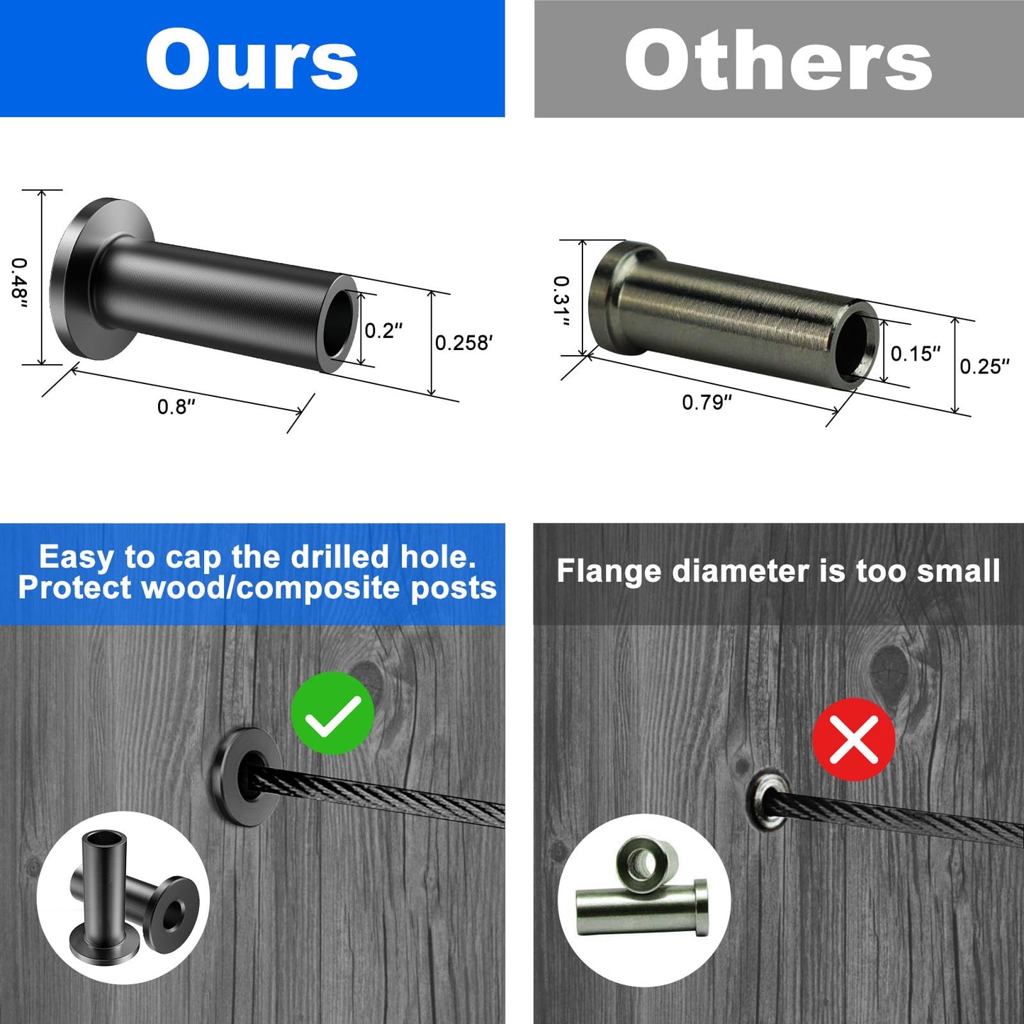 BLIKA 80 Pack Black Stainless Steel Protector Sleeves for 1/8" 5/32" or 3/16" Deck Cable Railing, for Wood/Composite Posts, T316 Marine Grade, Black Cable Railing Protector Sleeves